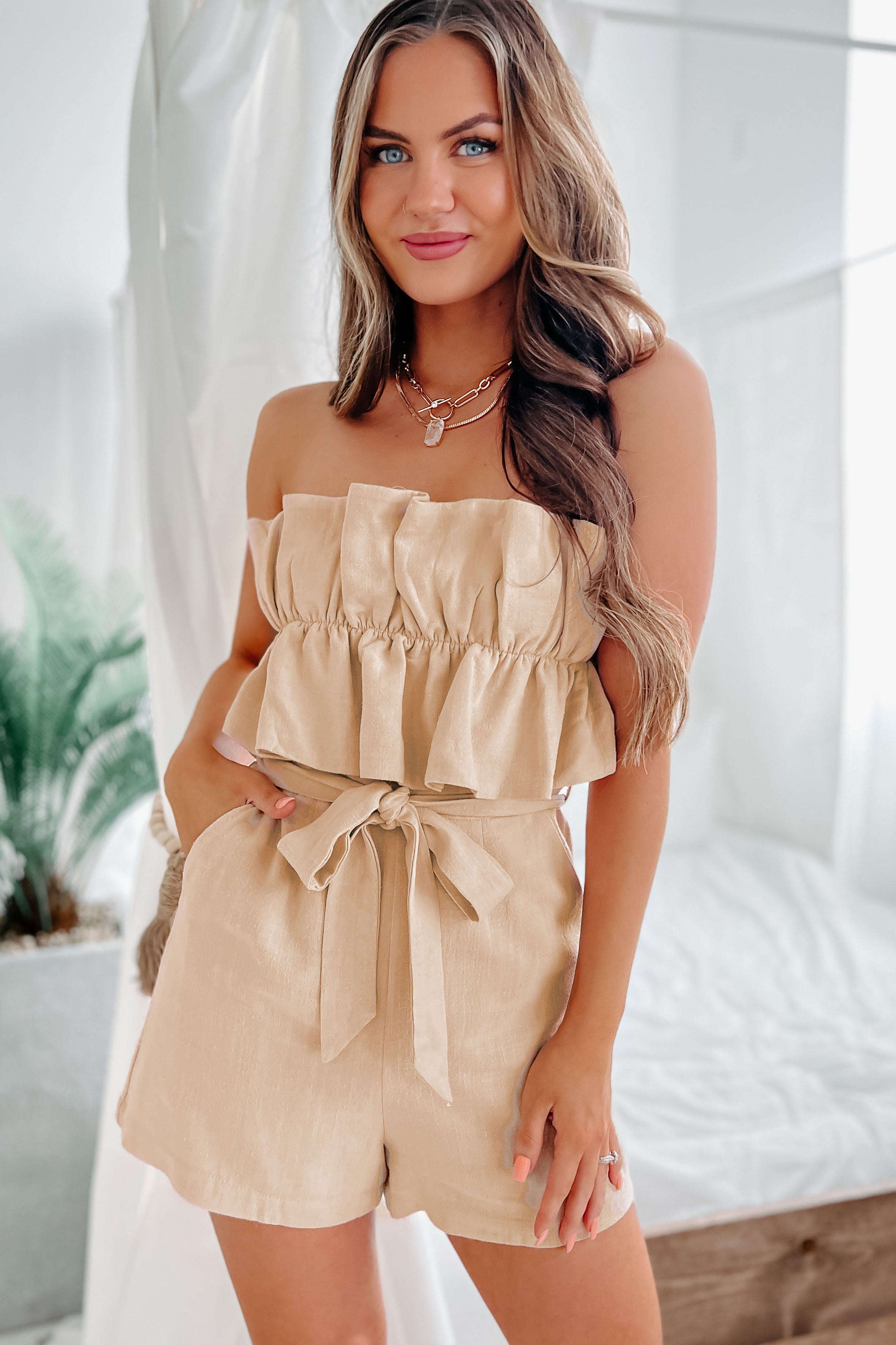 Can't Believe This Ruffled Open Back Romper (Beige)-The Formal Wear