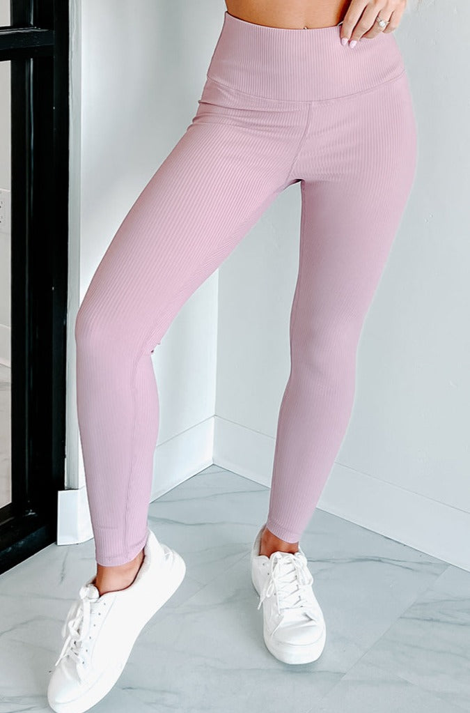 Putting In The Work Ribbed High Waisted Leggings (Mauve)-The Formal Wear
