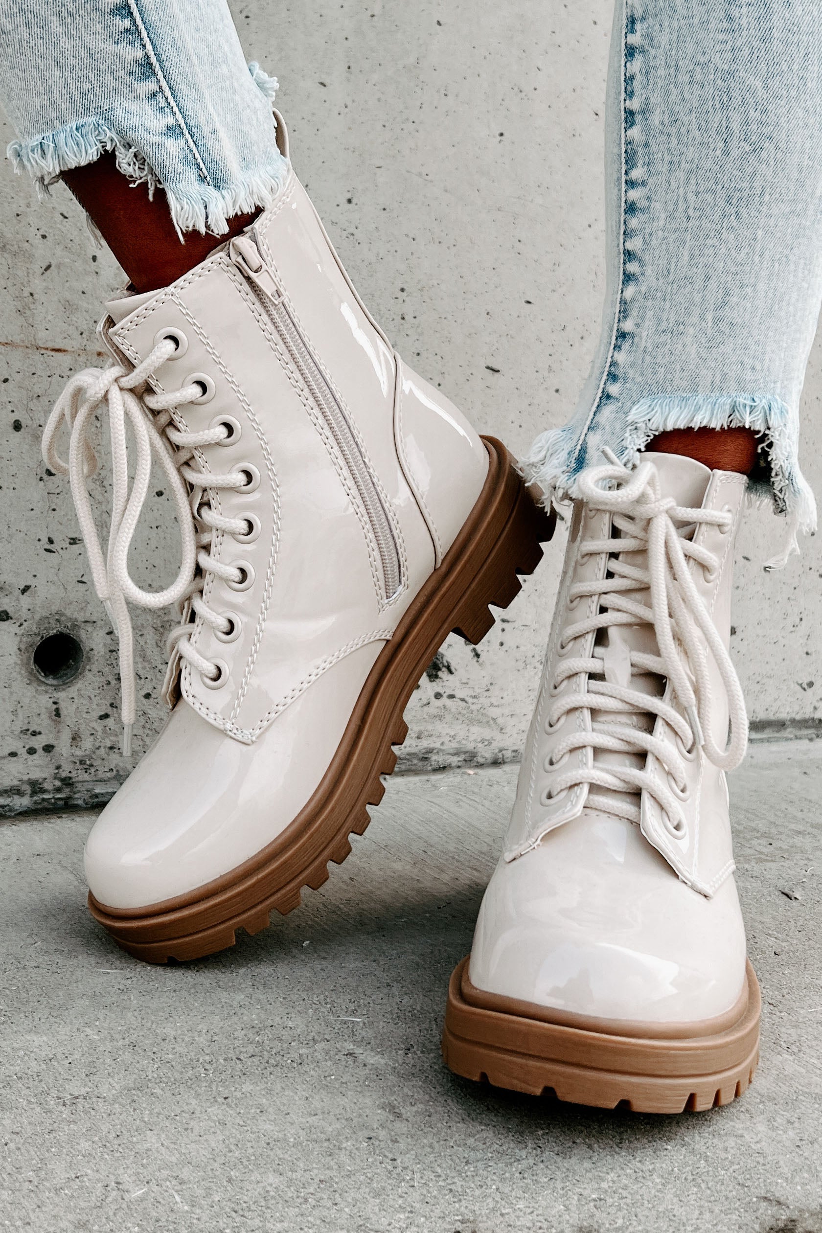 Slick Moves Patent Leather Combat Booties (Bone)-The Formal Wear