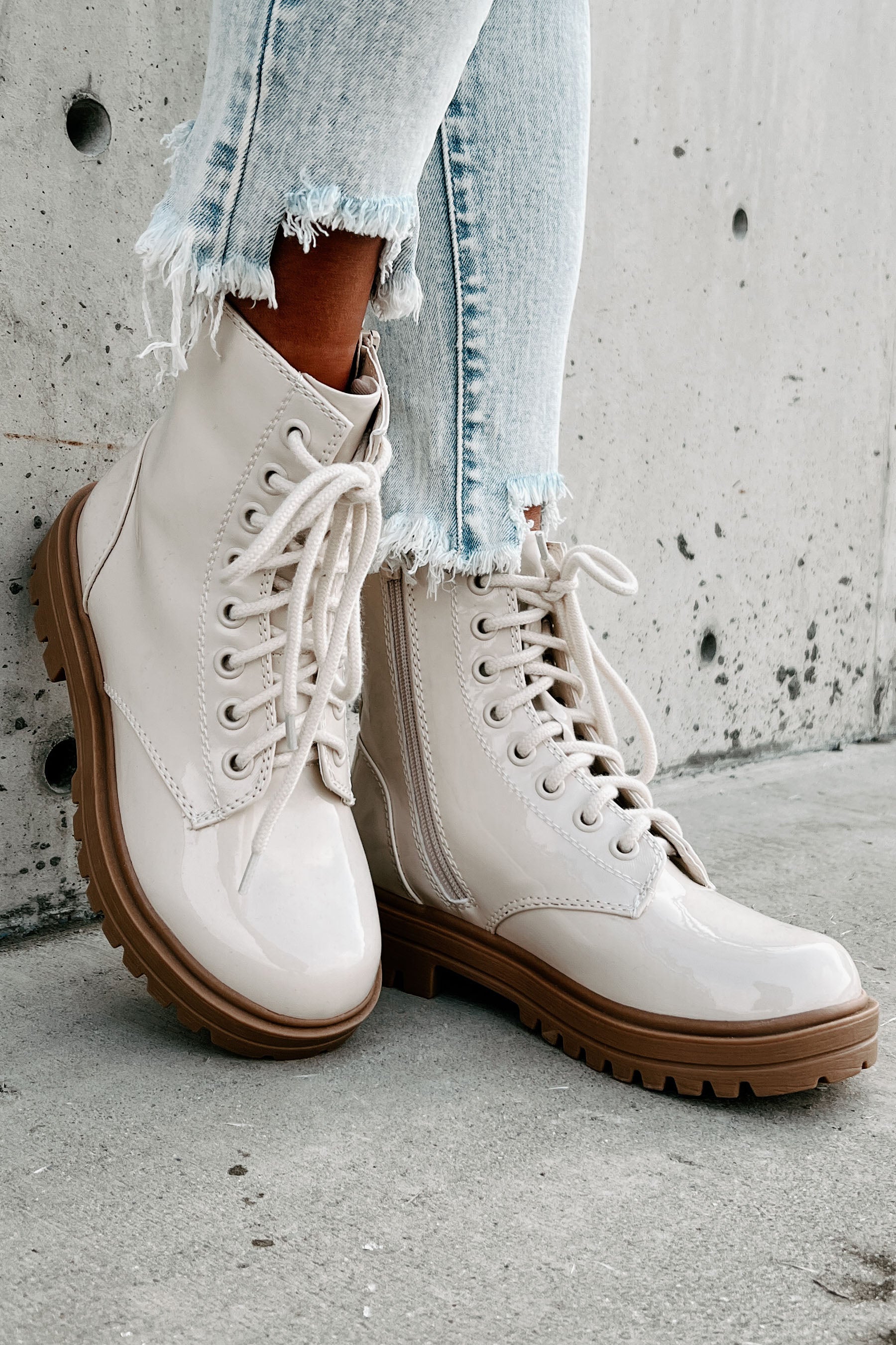 Slick Moves Patent Leather Combat Booties (Bone)-The Formal Wear