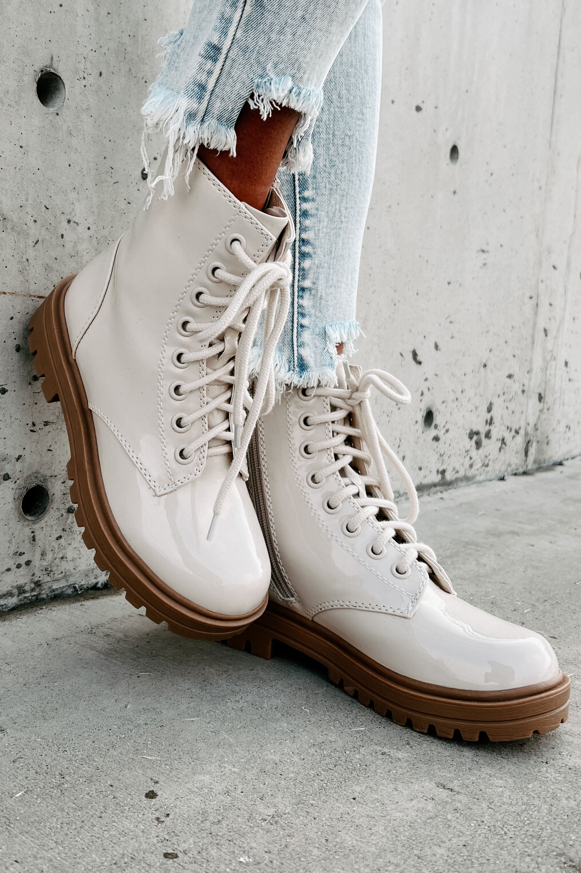 Slick Moves Patent Leather Combat Booties (Bone)-The Formal Wear