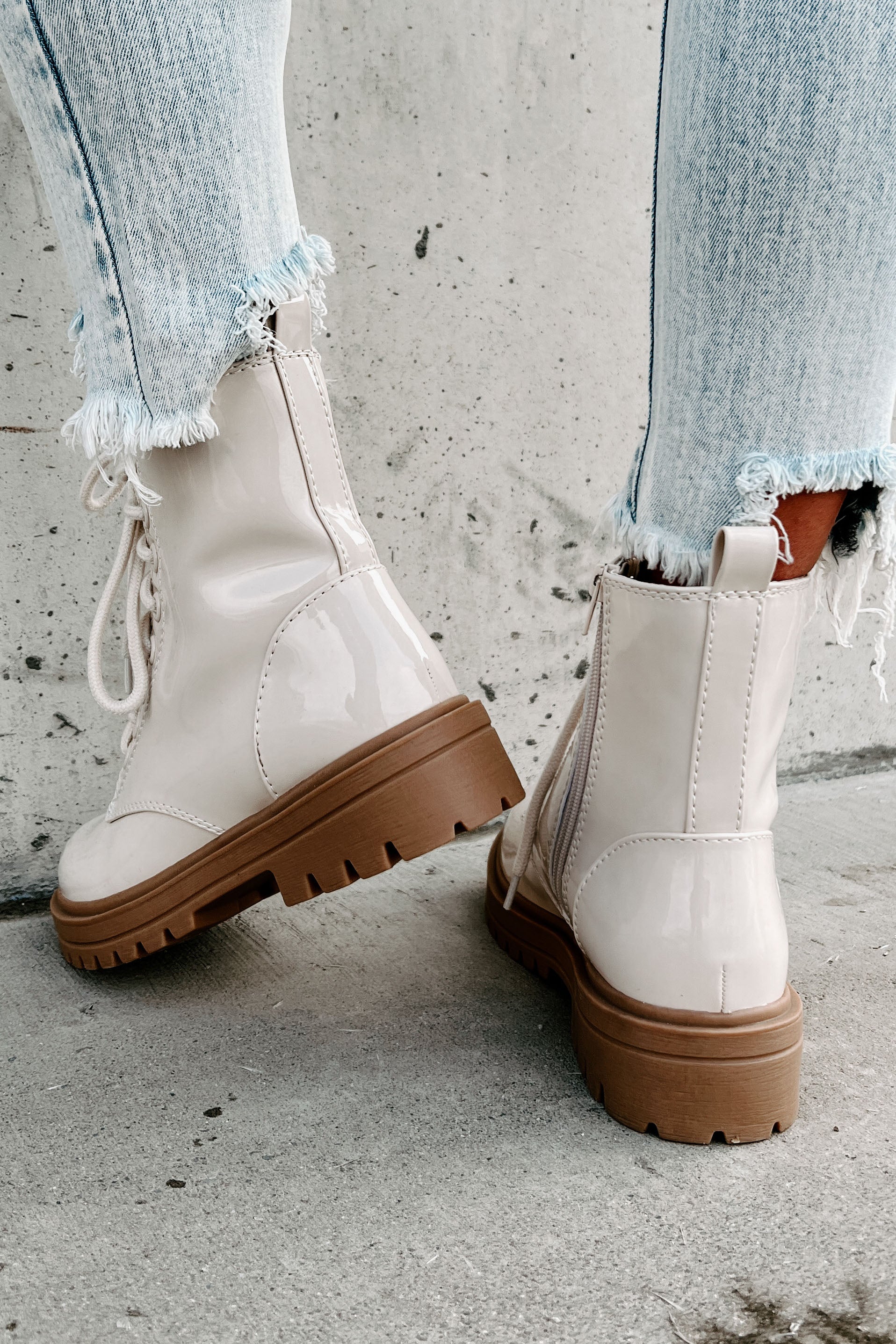 Slick Moves Patent Leather Combat Booties (Bone)-The Formal Wear