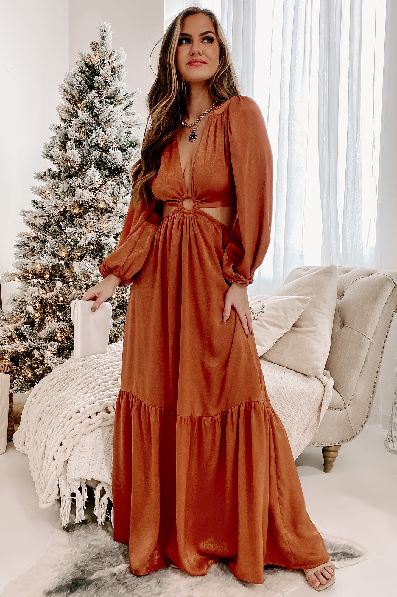 Remember My Name Cut-Out Satin Maxi Dress (Rust)-The Formal Wear