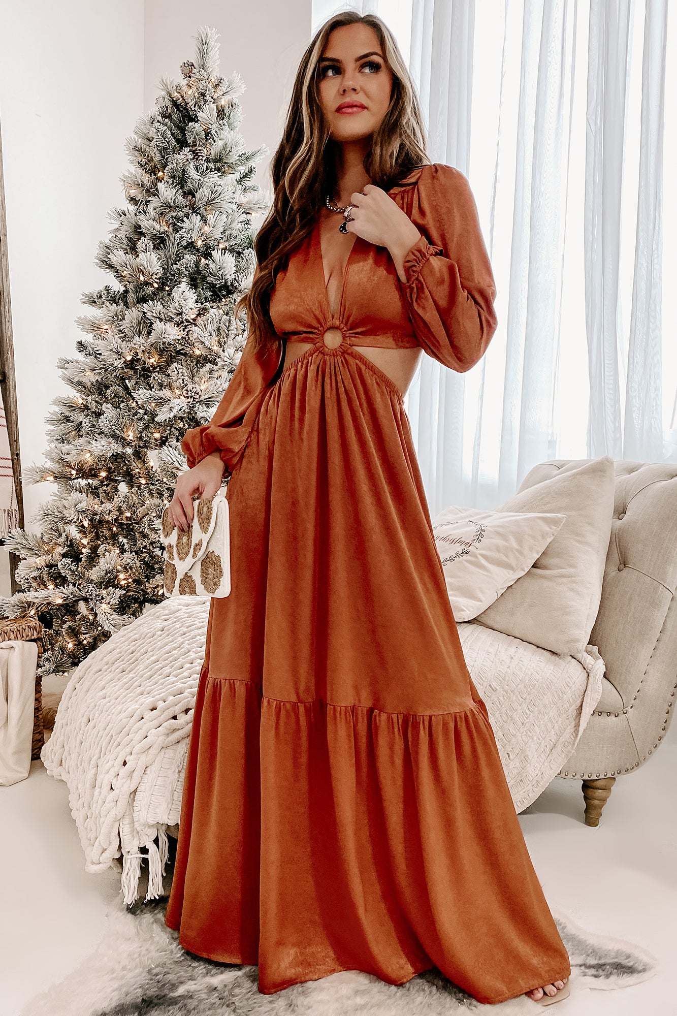 Remember My Name Cut-Out Satin Maxi Dress (Rust)-The Formal Wear