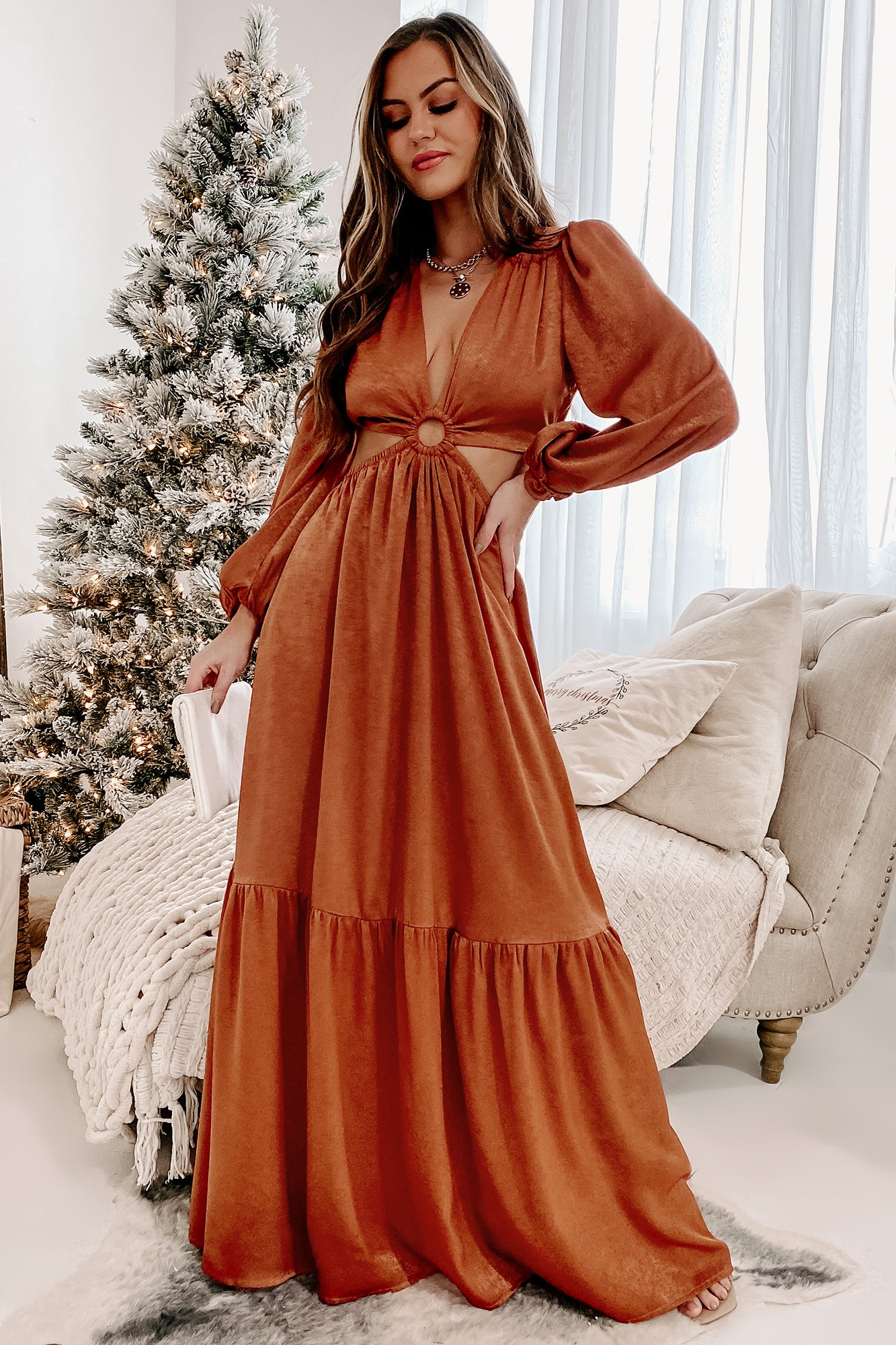 Remember My Name Cut-Out Satin Maxi Dress (Rust)-The Formal Wear