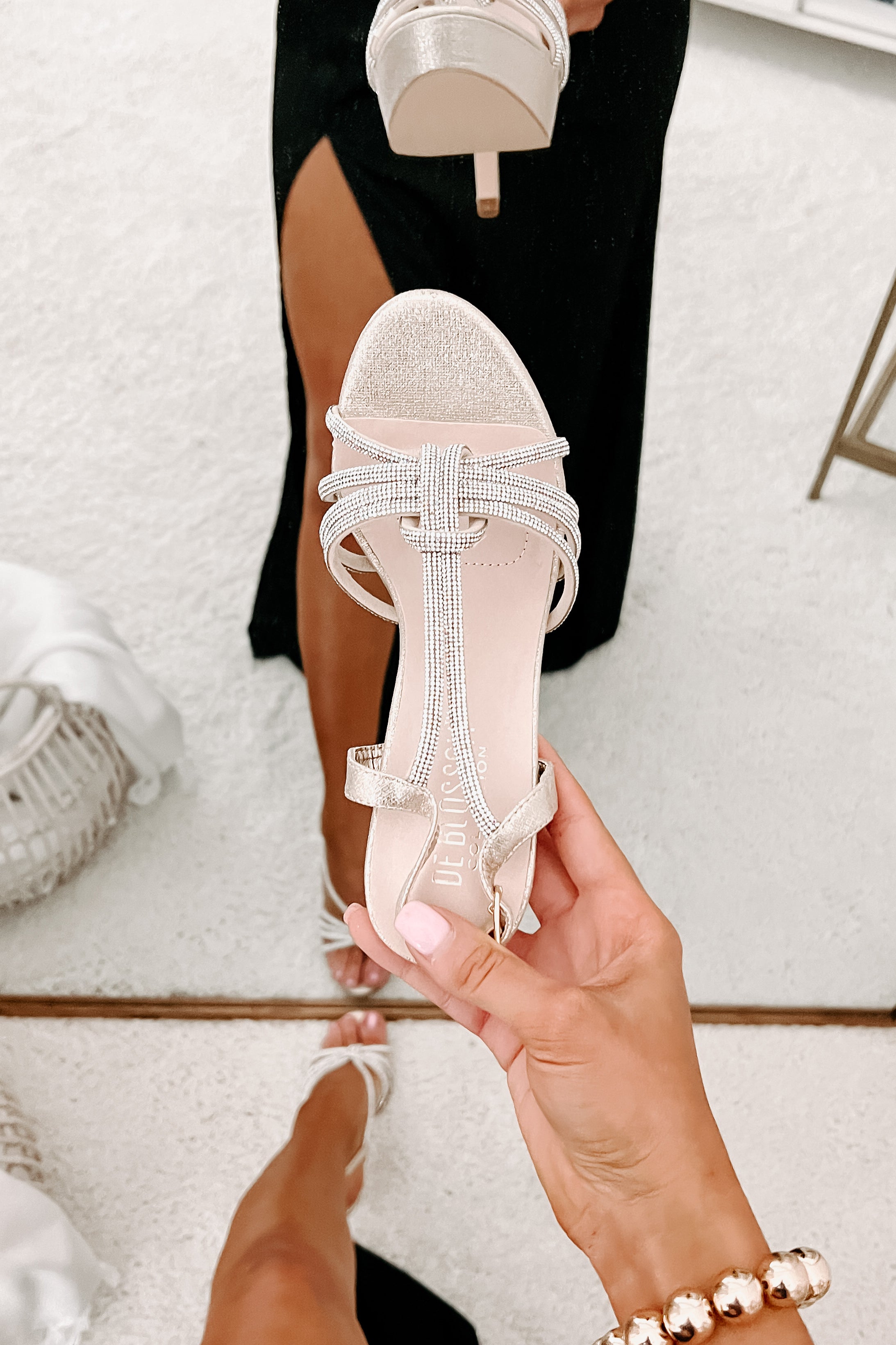 Having My Moment Rhinestone Strap Stiletto Heel (Gold Shimmer)-The Formal Wear