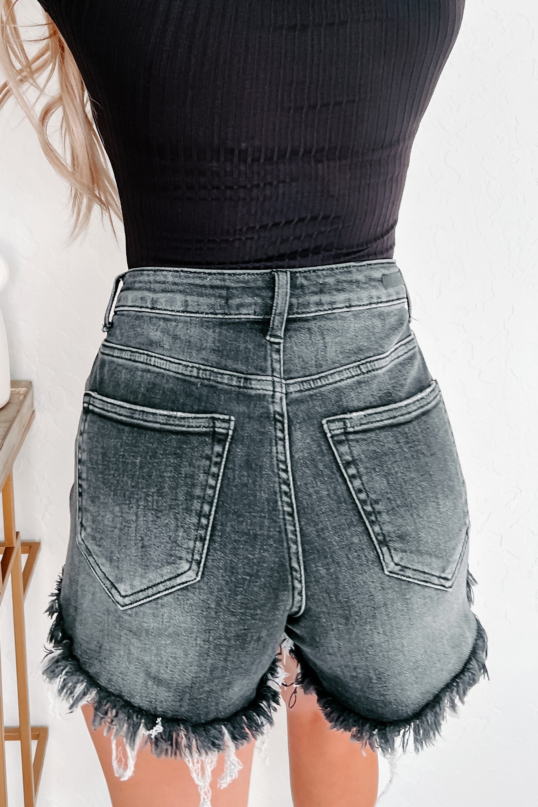 No Looking Back High Rise Distressed Denim Shorts (Dark Grey)-The Formal Wear