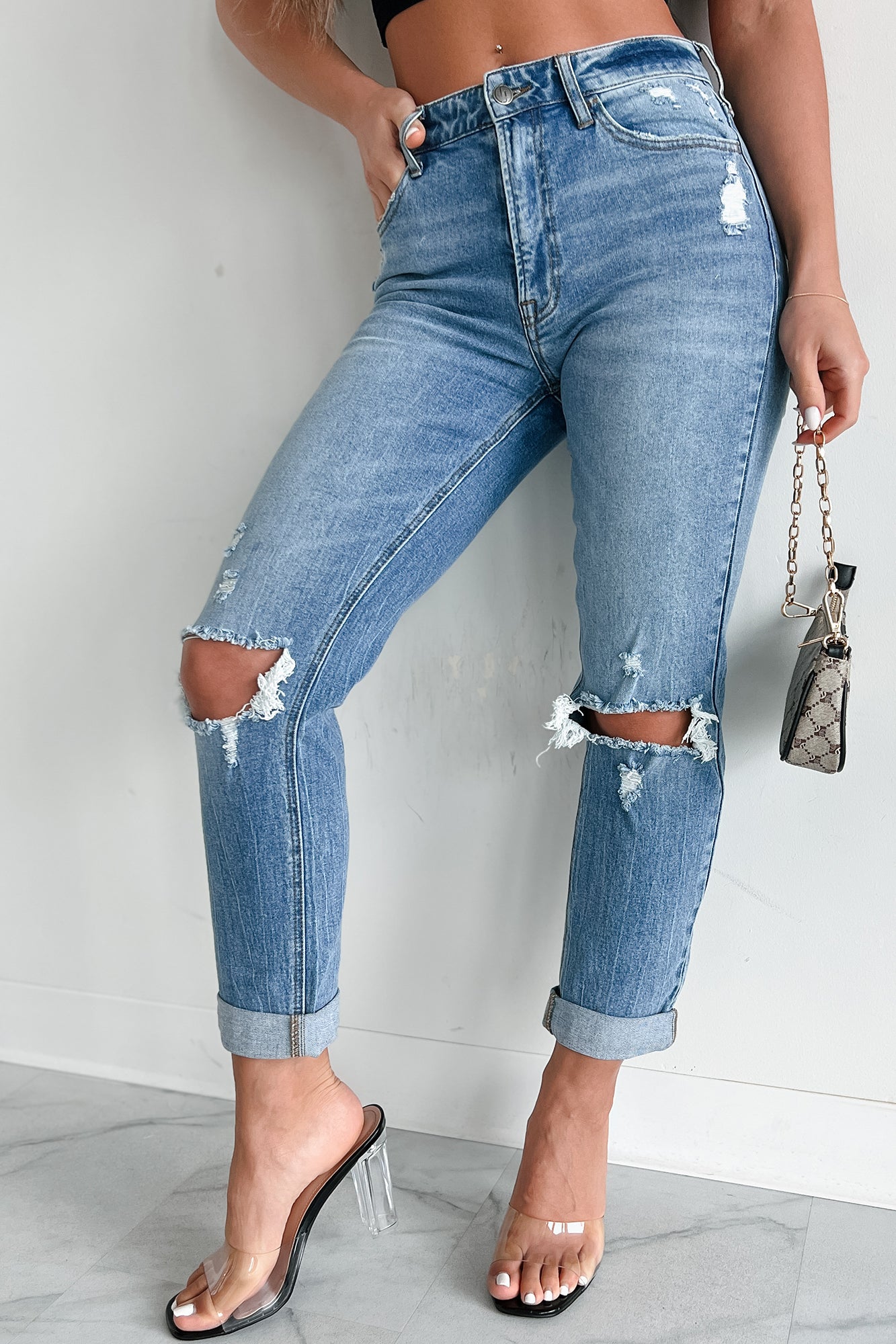 Barry High Rise Distressed Boyfriend Jeans (Medium Denim)-The Formal Wear
