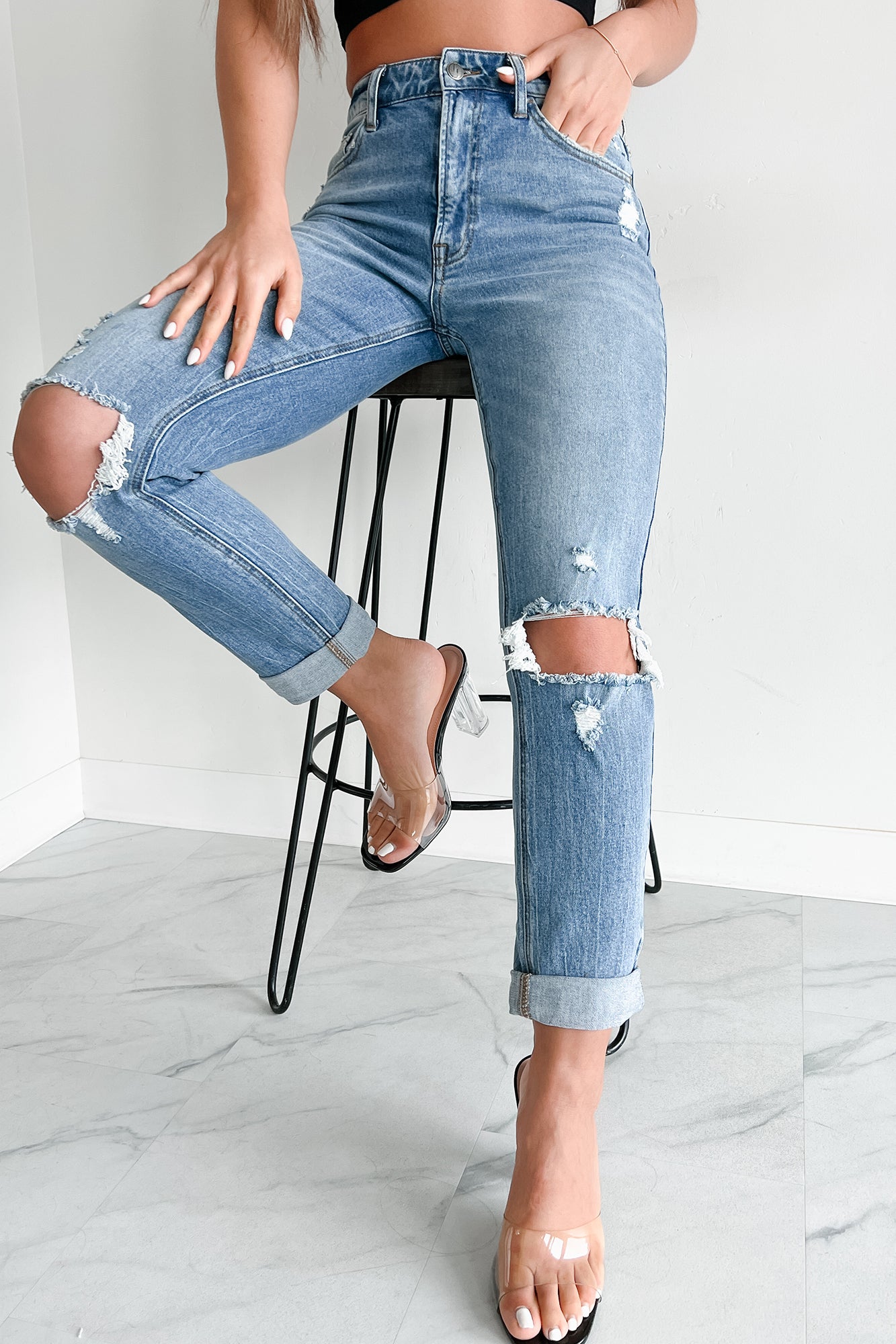 Barry High Rise Distressed Boyfriend Jeans (Medium Denim)-The Formal Wear