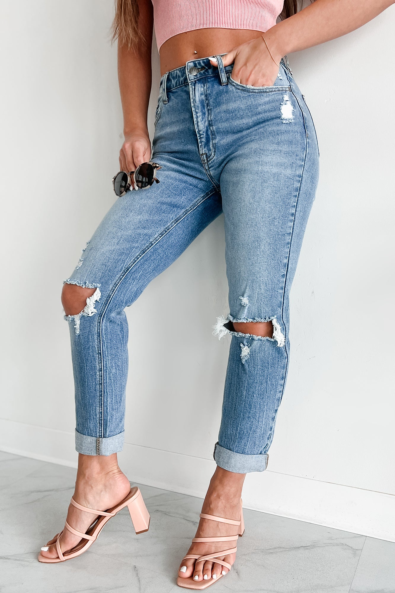 Barry High Rise Distressed Boyfriend Jeans (Medium Denim)-The Formal Wear