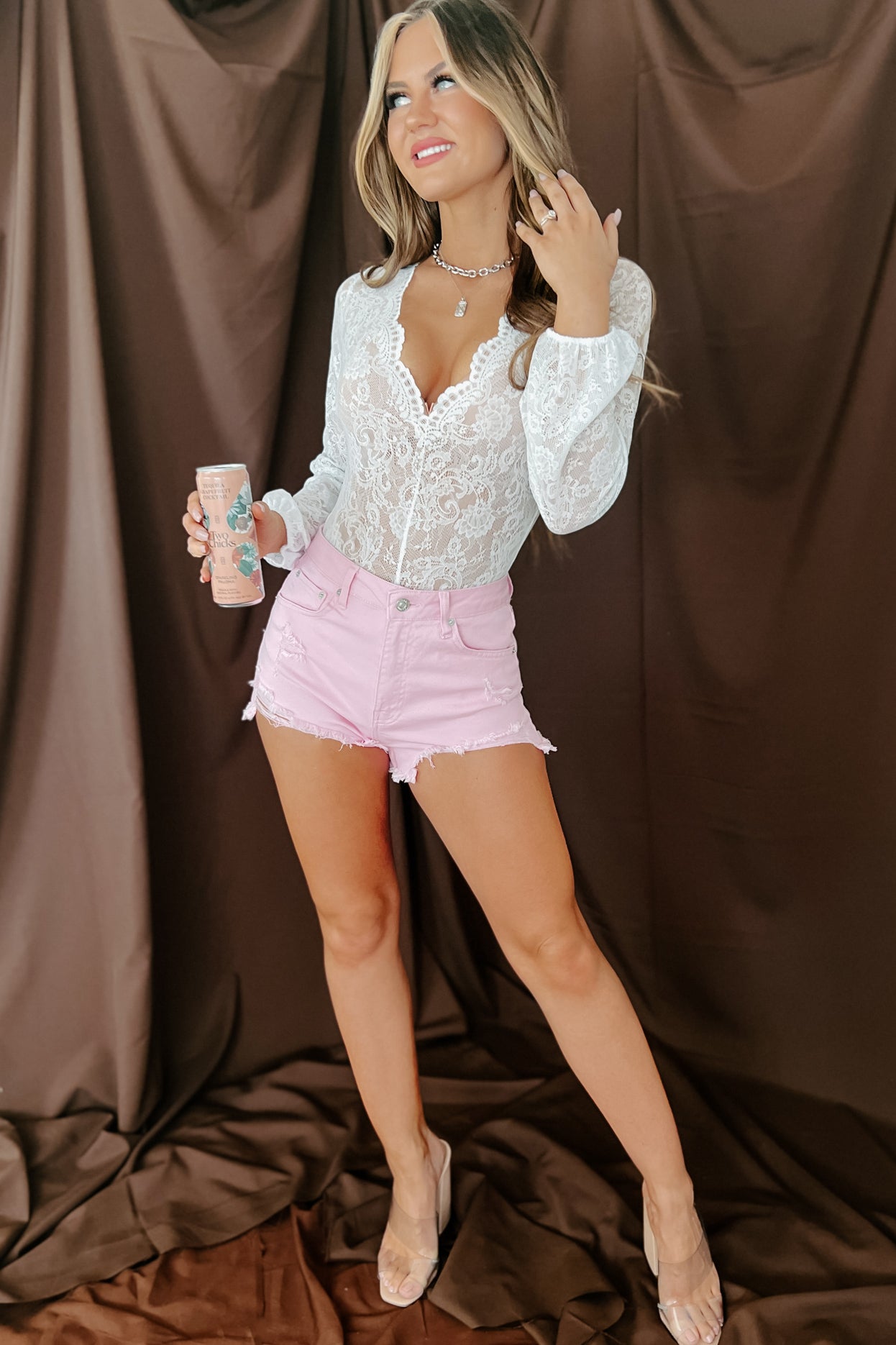 Sweet Like Summer High Rise Distressed Denim Shorts (Pink)-The Formal Wear