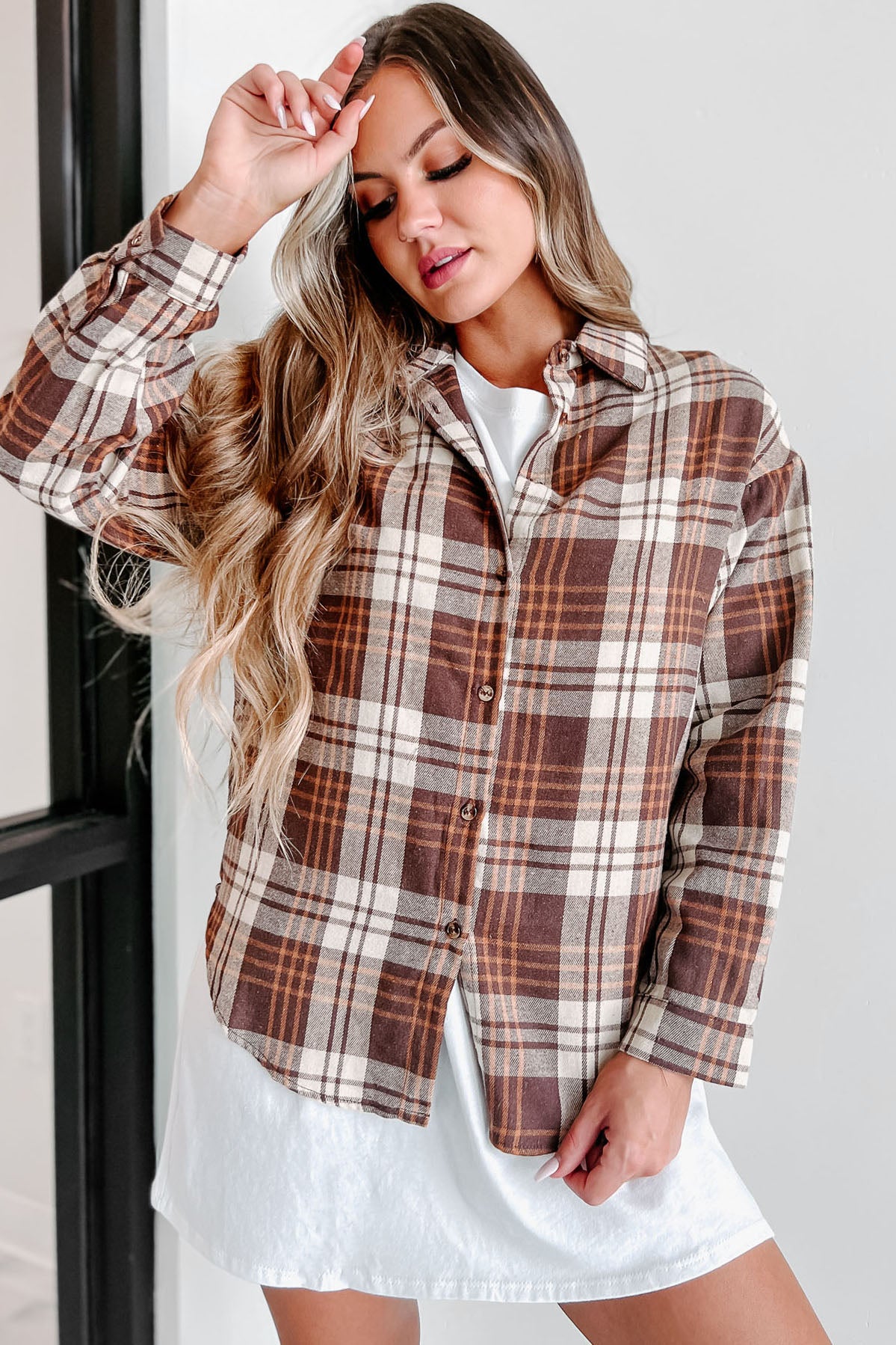 My Point Of View Plaid Button-Down Top (Brown)-The Formal Wear