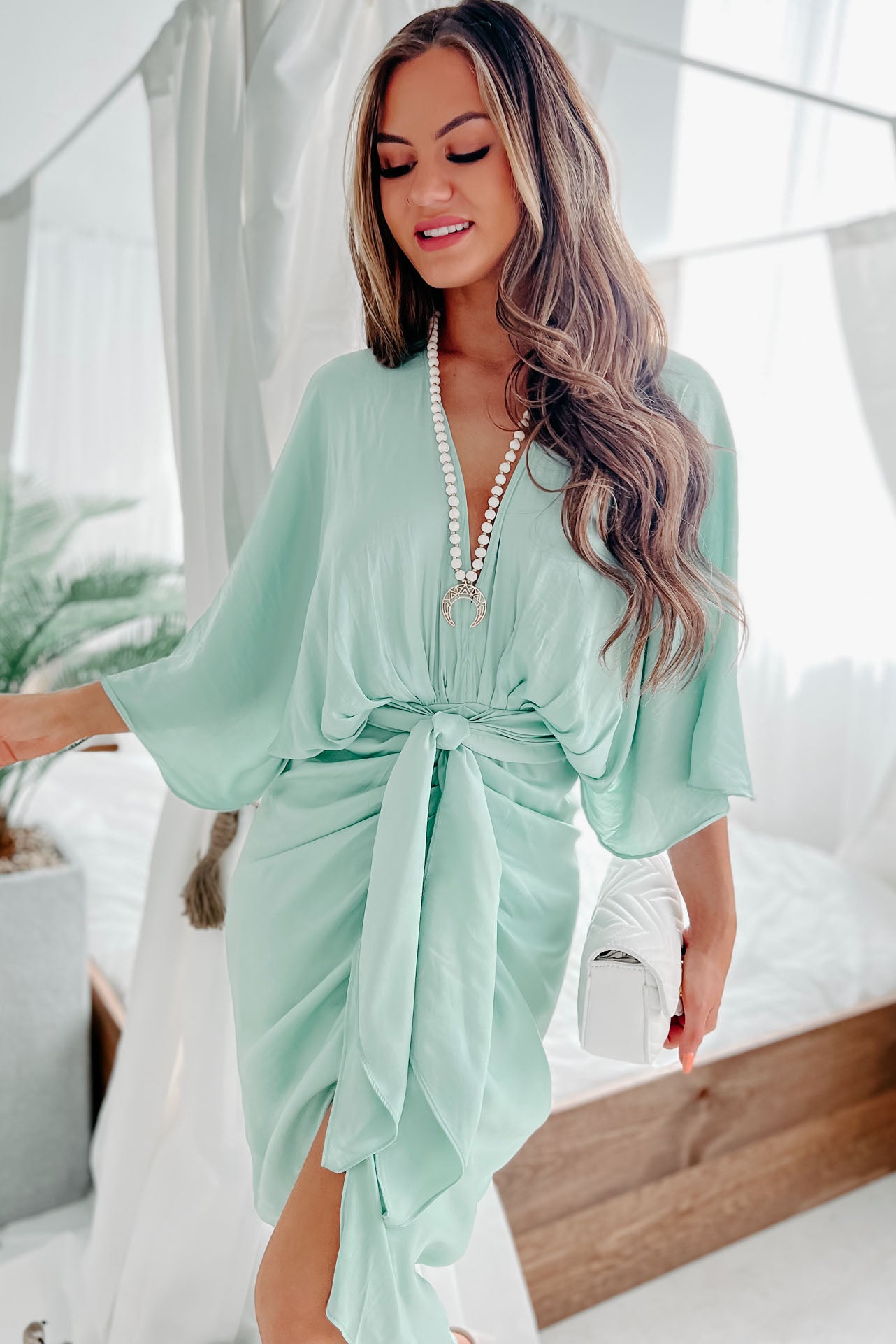 Inexplicable Love Tie-Waist Satin Midi Dress (Mint)-The Formal Wear