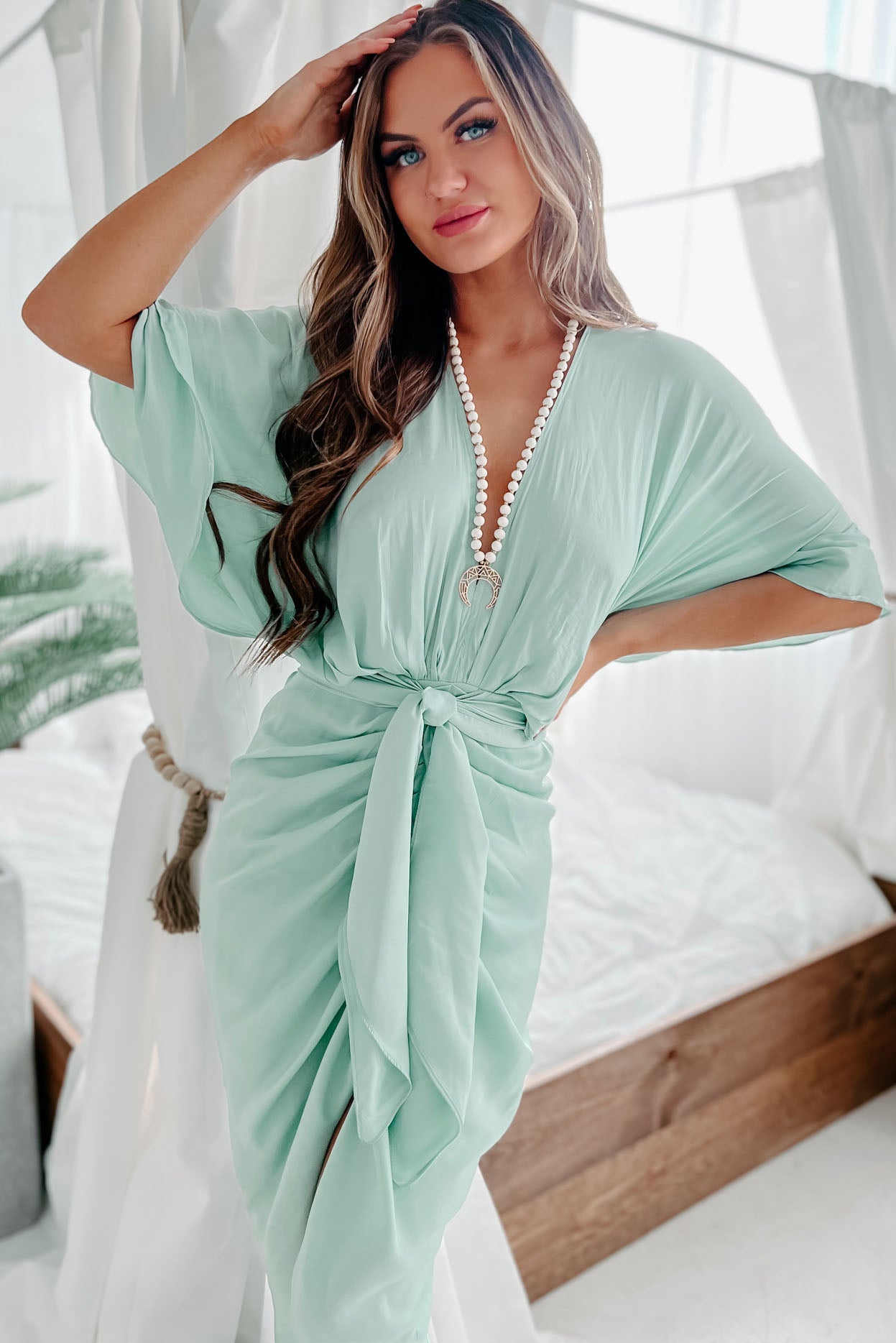 Inexplicable Love Tie-Waist Satin Midi Dress (Mint)-The Formal Wear