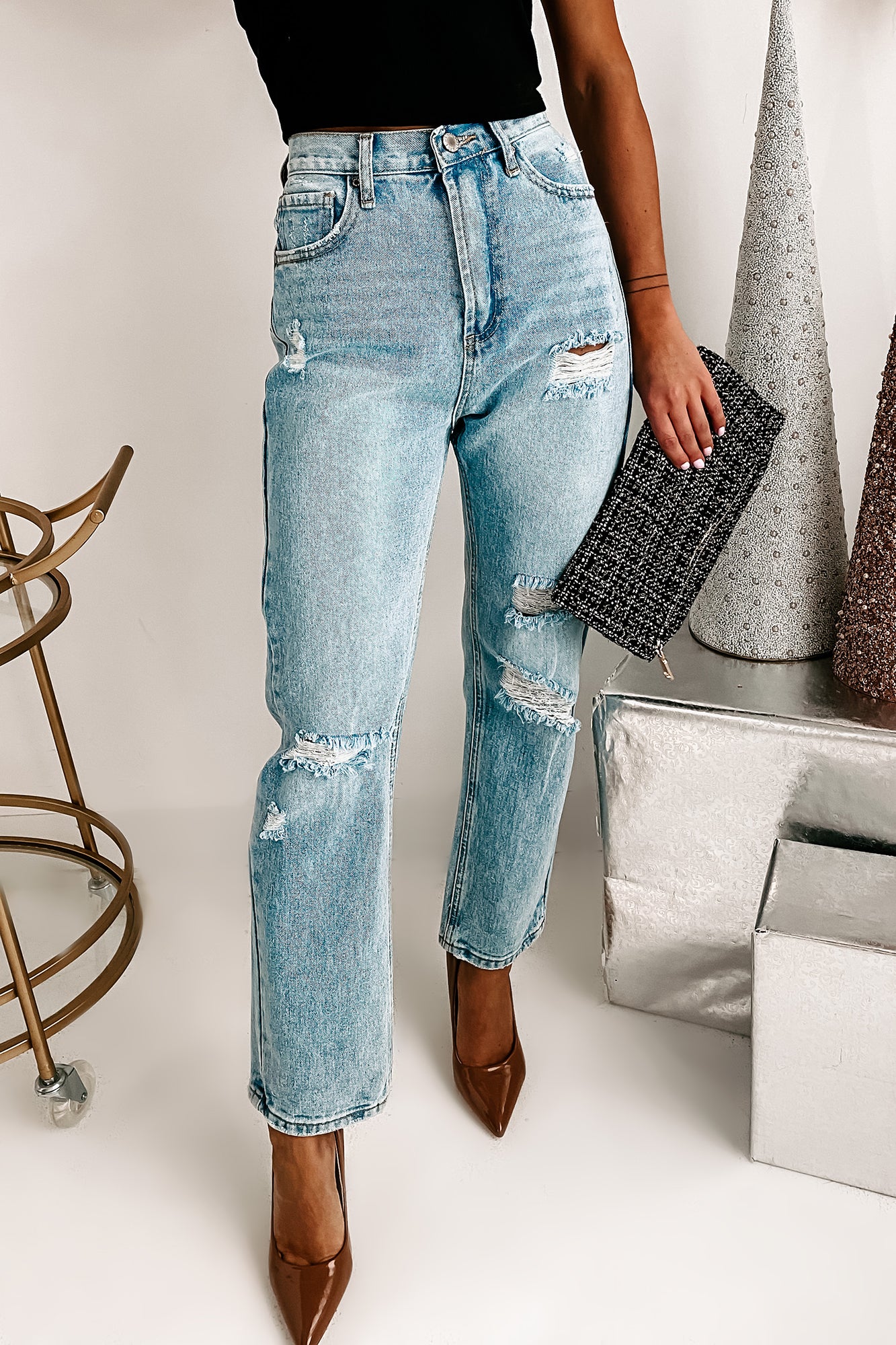 Back To The Beginning High Rise Distressed Straight Leg Jeans (Denim)-The Formal Wear