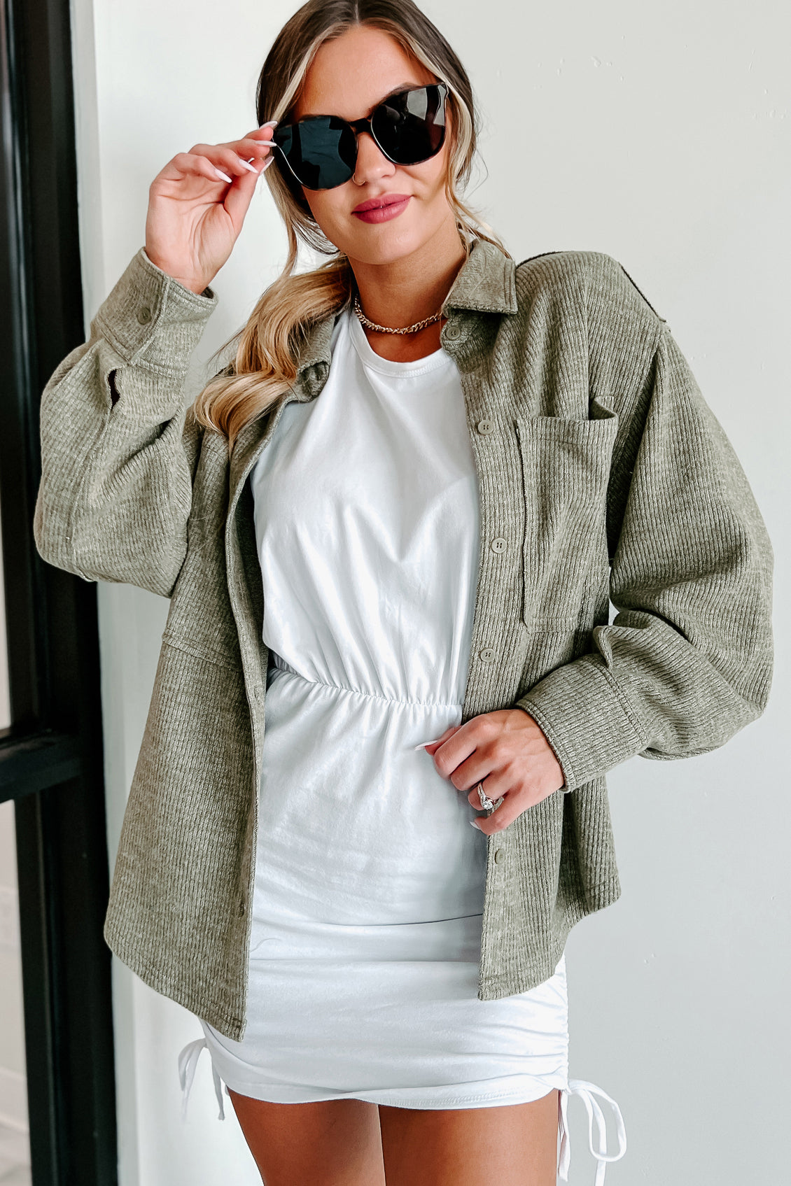 Brilliant Basic Ribbed Fleece Shacket (Olive)-The Formal Wear