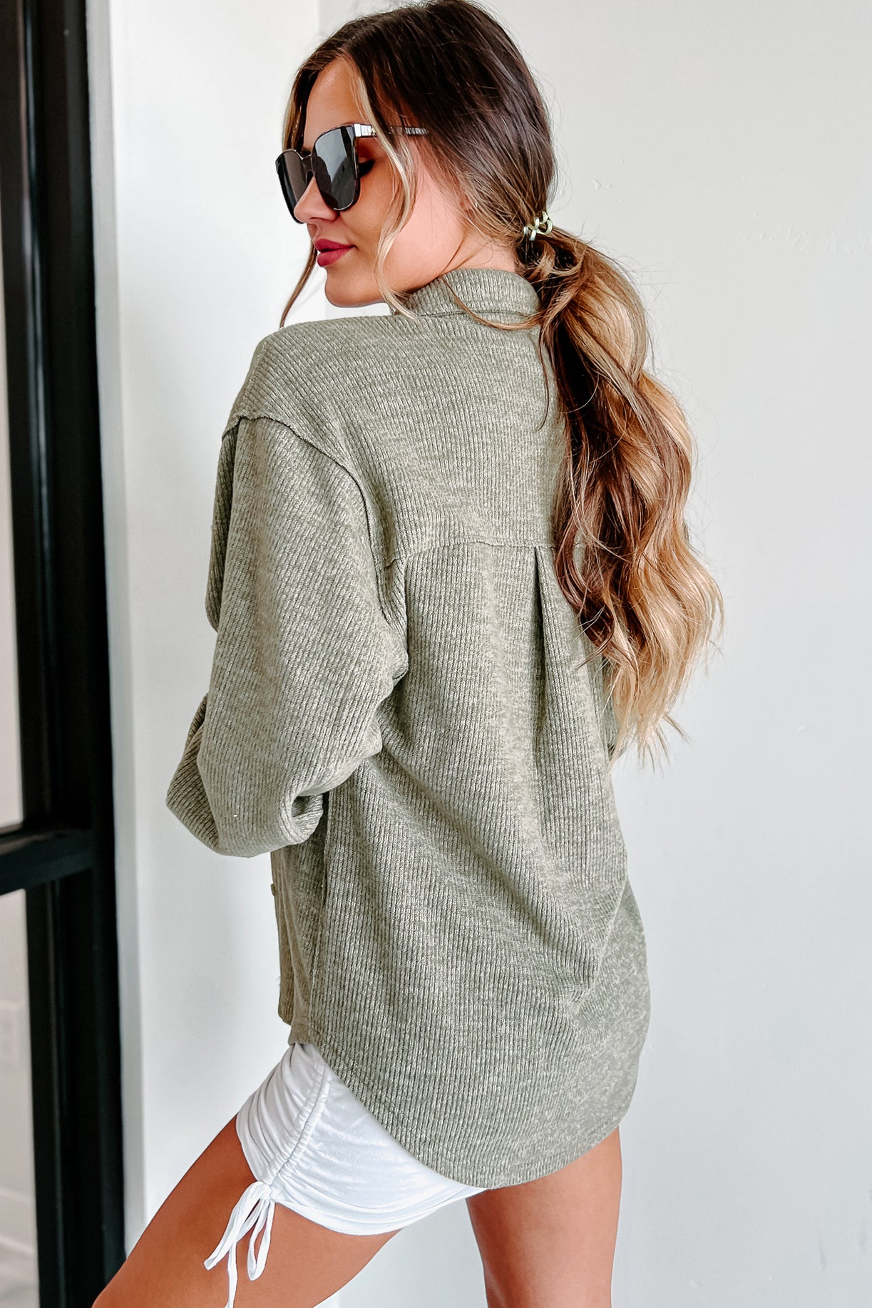 Brilliant Basic Ribbed Fleece Shacket (Olive)-The Formal Wear