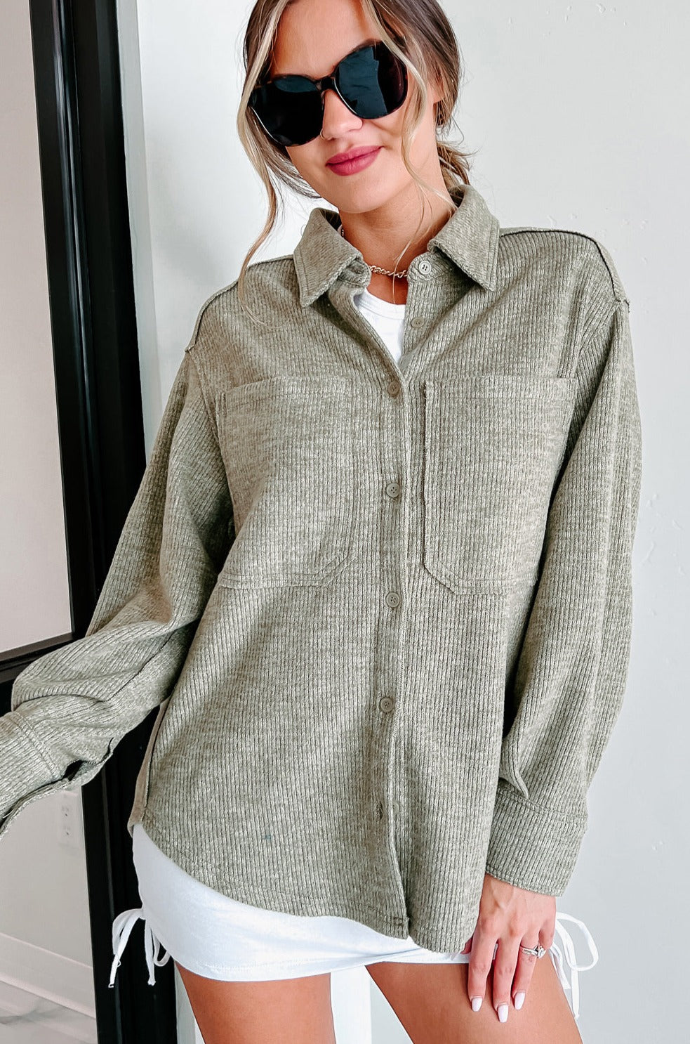 Brilliant Basic Ribbed Fleece Shacket (Olive)-The Formal Wear