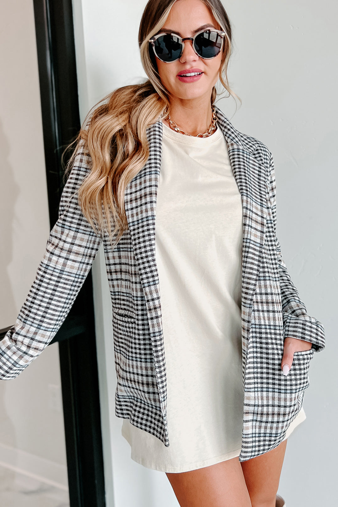 Calculating Moves Plaid Open Front Blazer (Ivory/Brown)-The Formal Wear