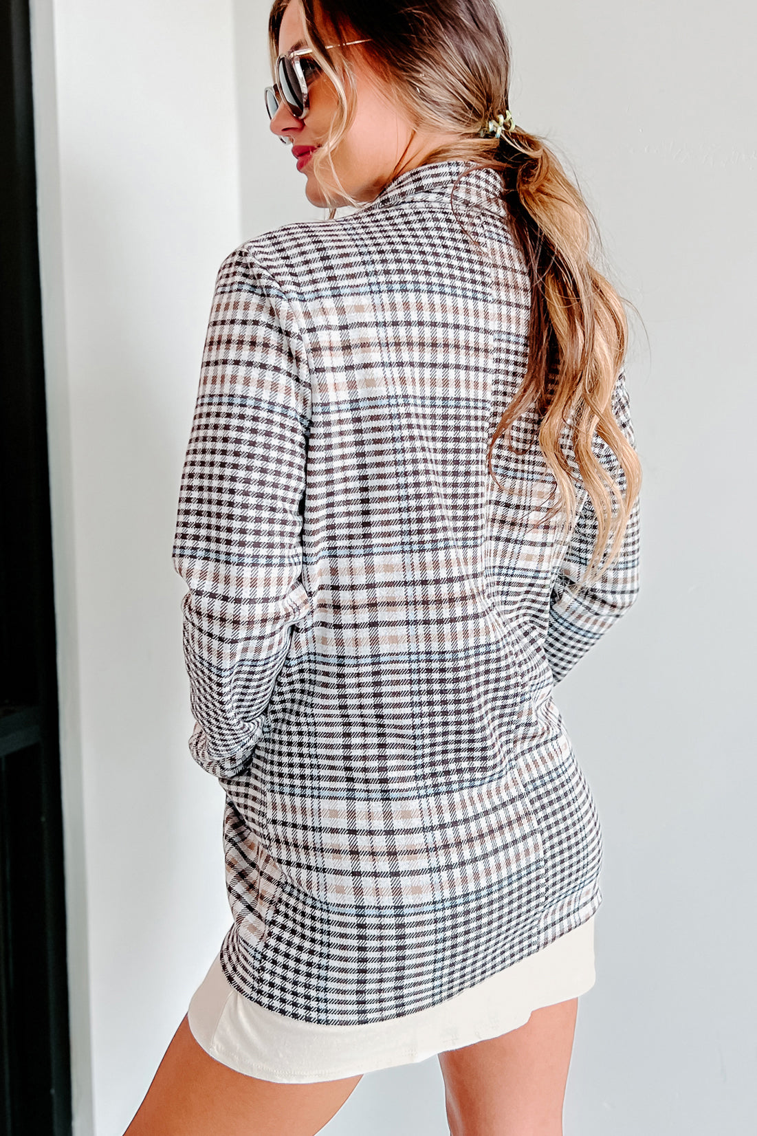 Calculating Moves Plaid Open Front Blazer (Ivory/Brown)-The Formal Wear