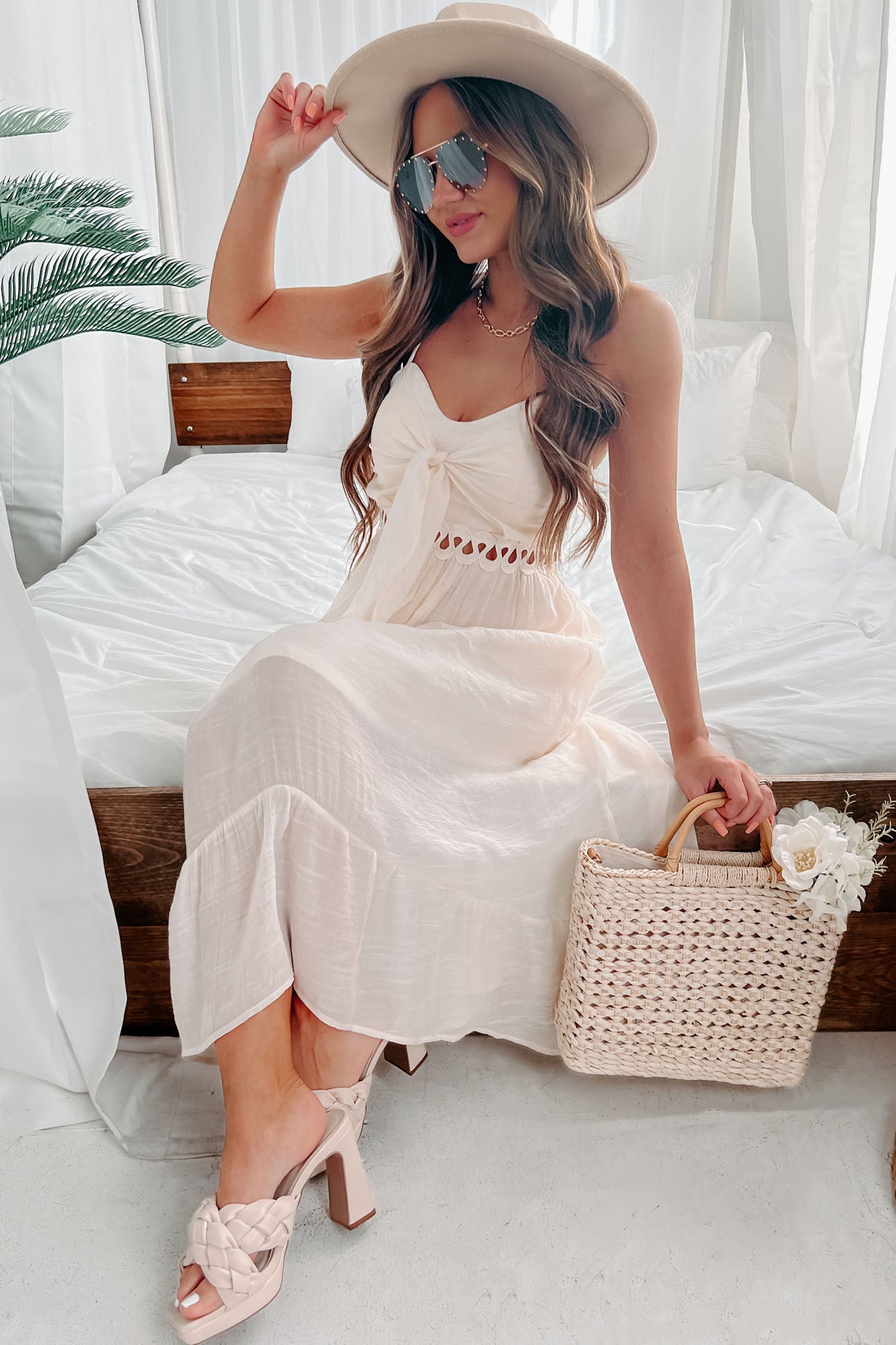 Everyday Stunner Tie-Front High-Low Midi Dress (Cream)-The Formal Wear