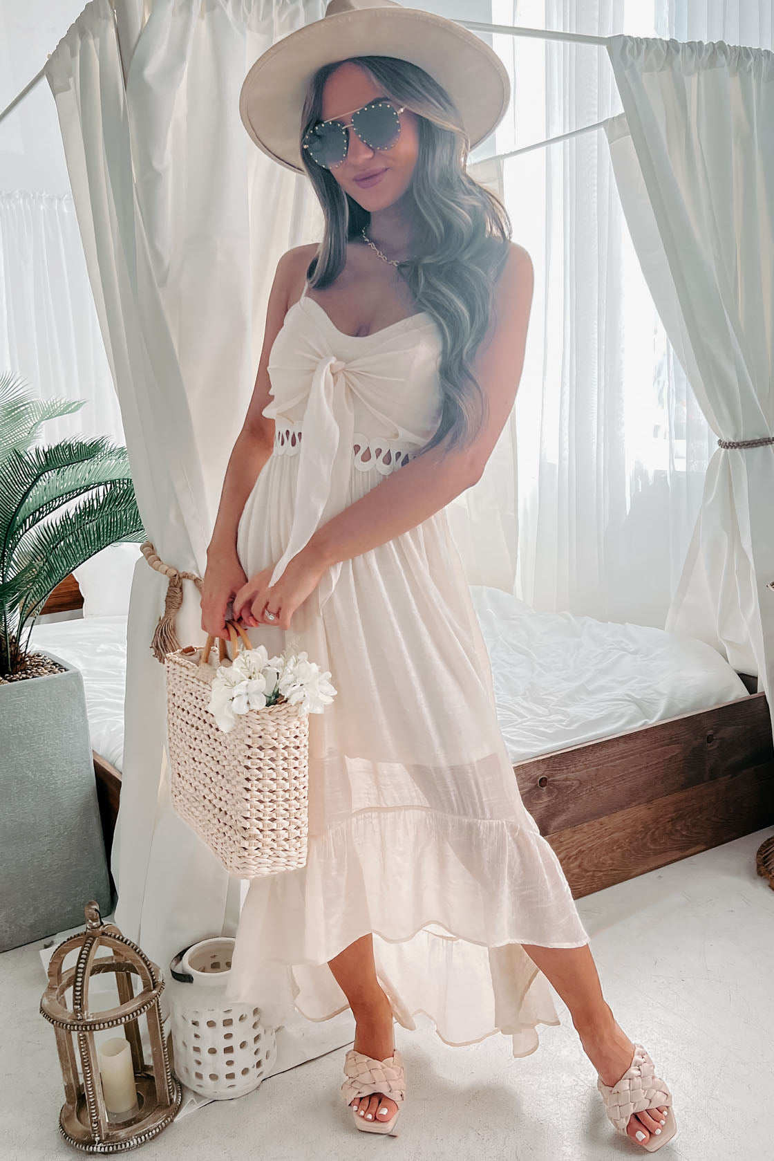 Everyday Stunner Tie-Front High-Low Midi Dress (Cream)-The Formal Wear