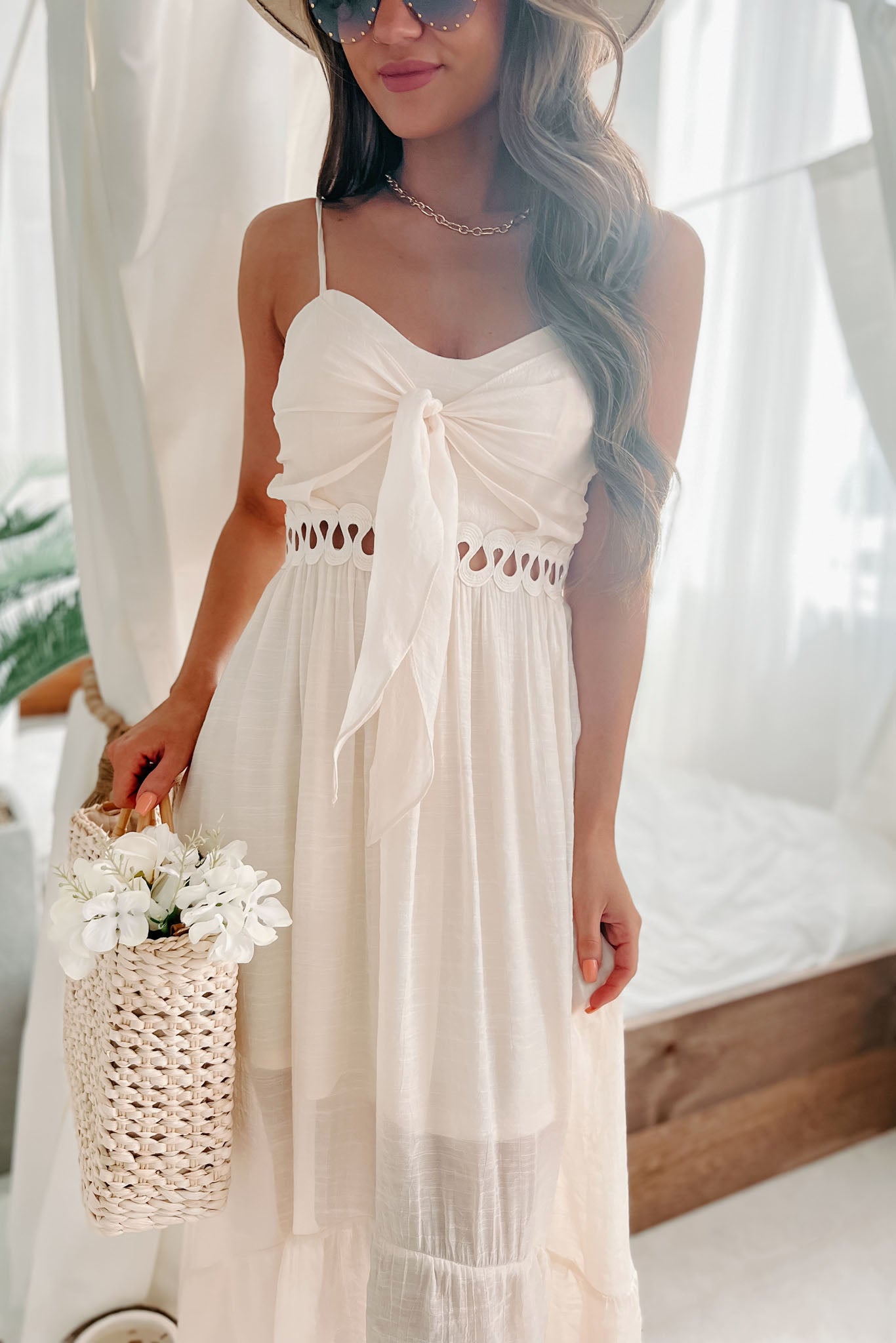 Everyday Stunner Tie-Front High-Low Midi Dress (Cream)-The Formal Wear