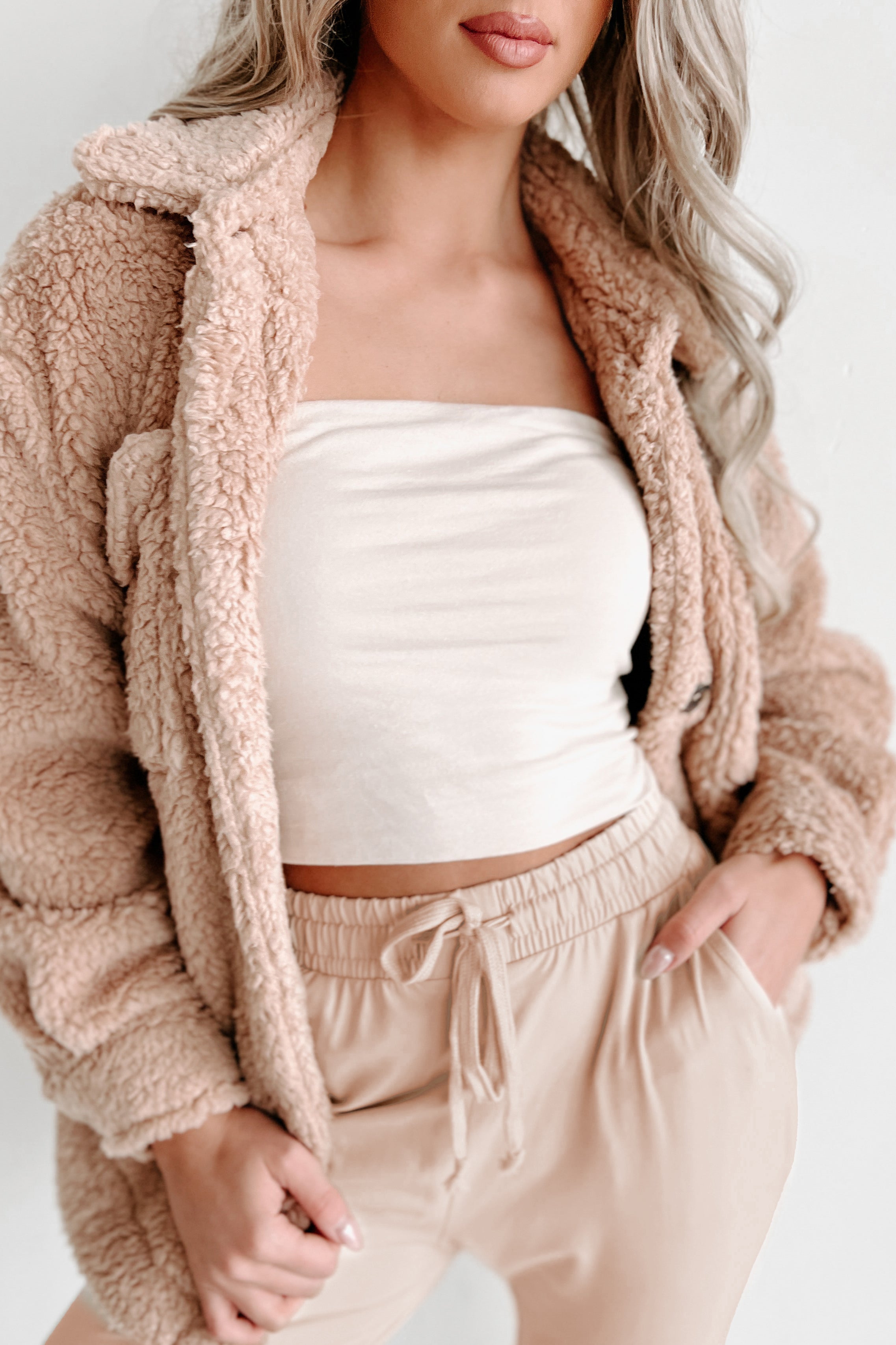 Doorbuster- Keep Me Cozy Soft Sherpa Shacket (Camel)-The Formal Wear