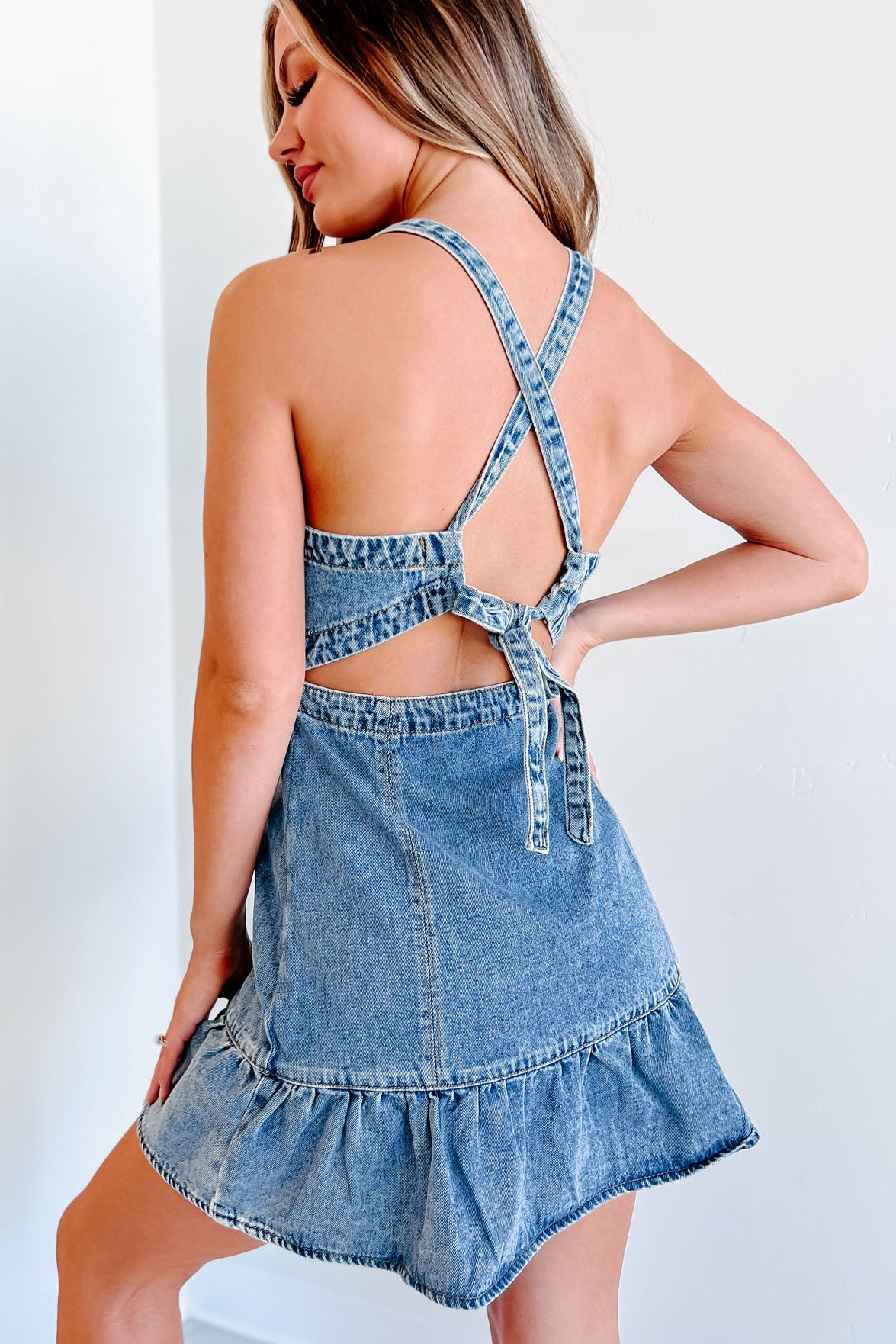 Driving Down That Road Button-Up Denim Mini Dress (Washed Denim)-The Formal Wear