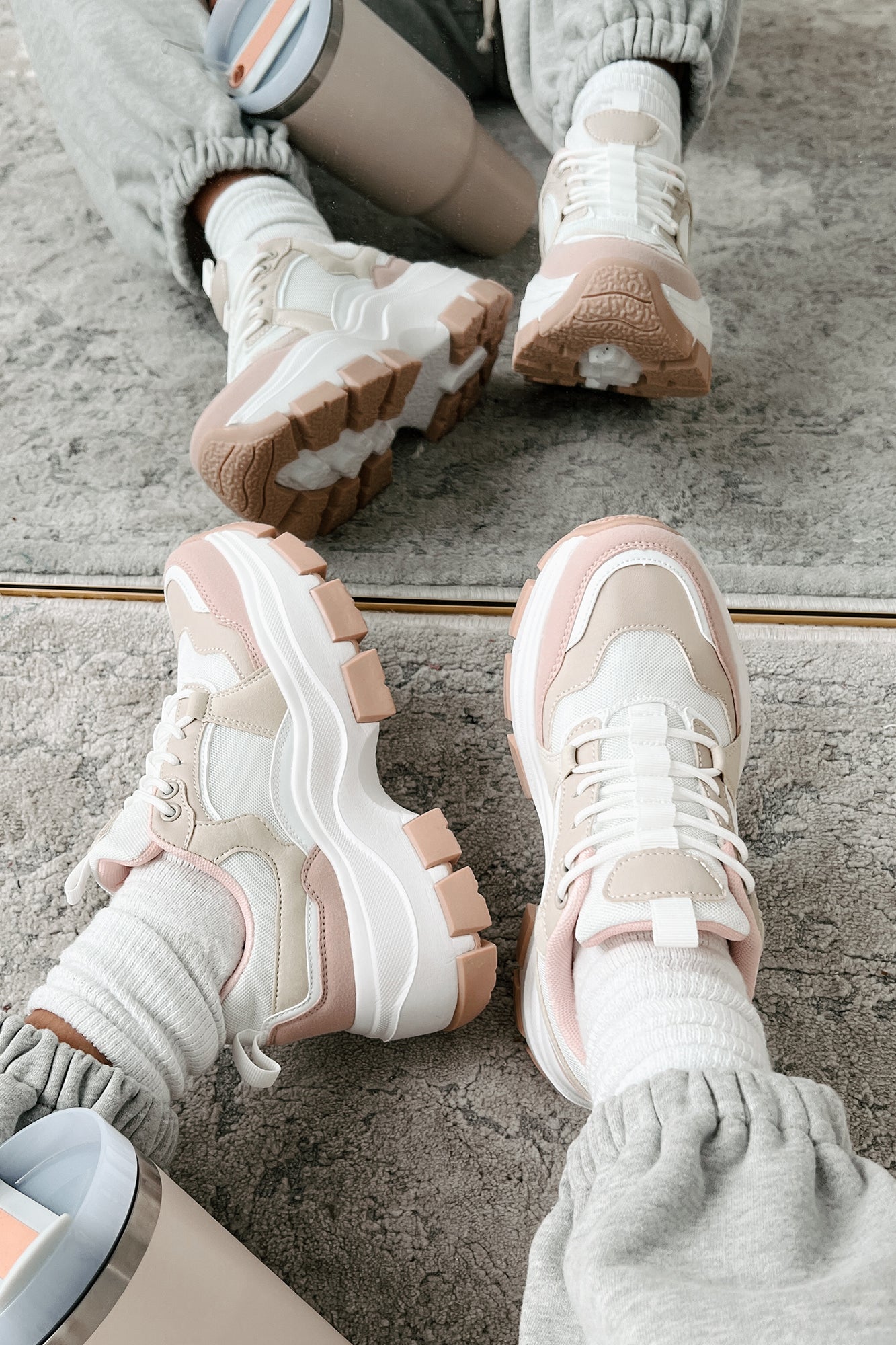 Ready To Bounce Chunky Platform Sneakers (Beige/Pink)-The Formal Wear