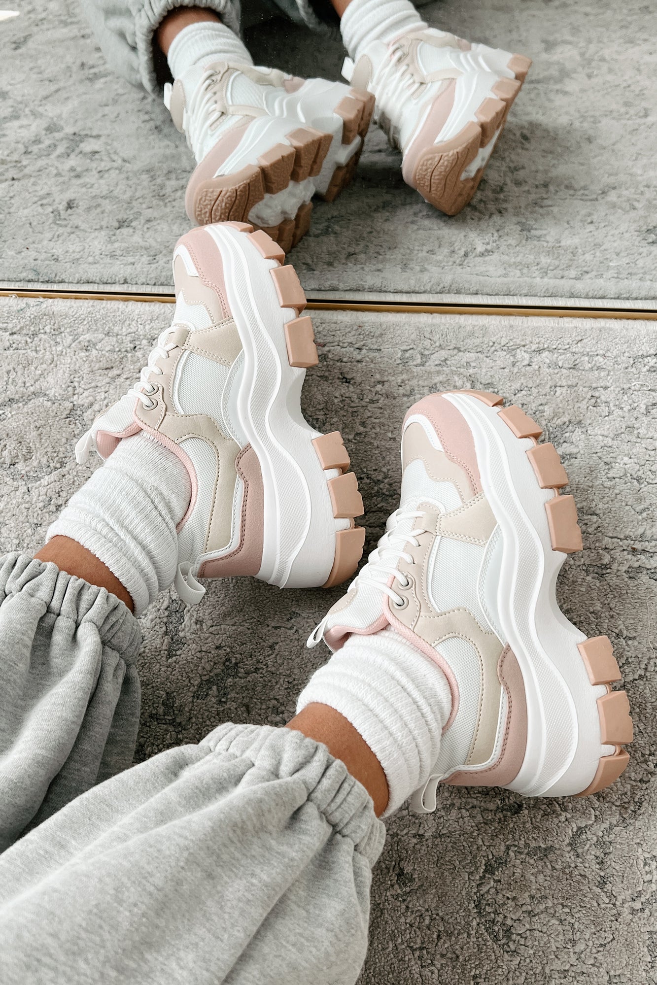 Ready To Bounce Chunky Platform Sneakers (Beige/Pink)-The Formal Wear