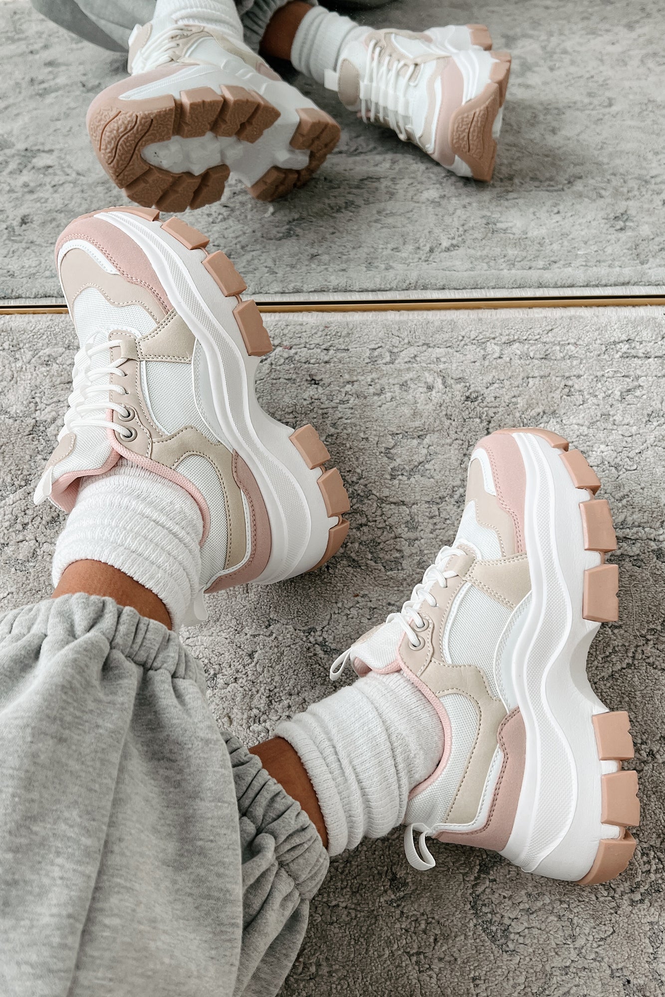 Ready To Bounce Chunky Platform Sneakers (Beige/Pink)-The Formal Wear