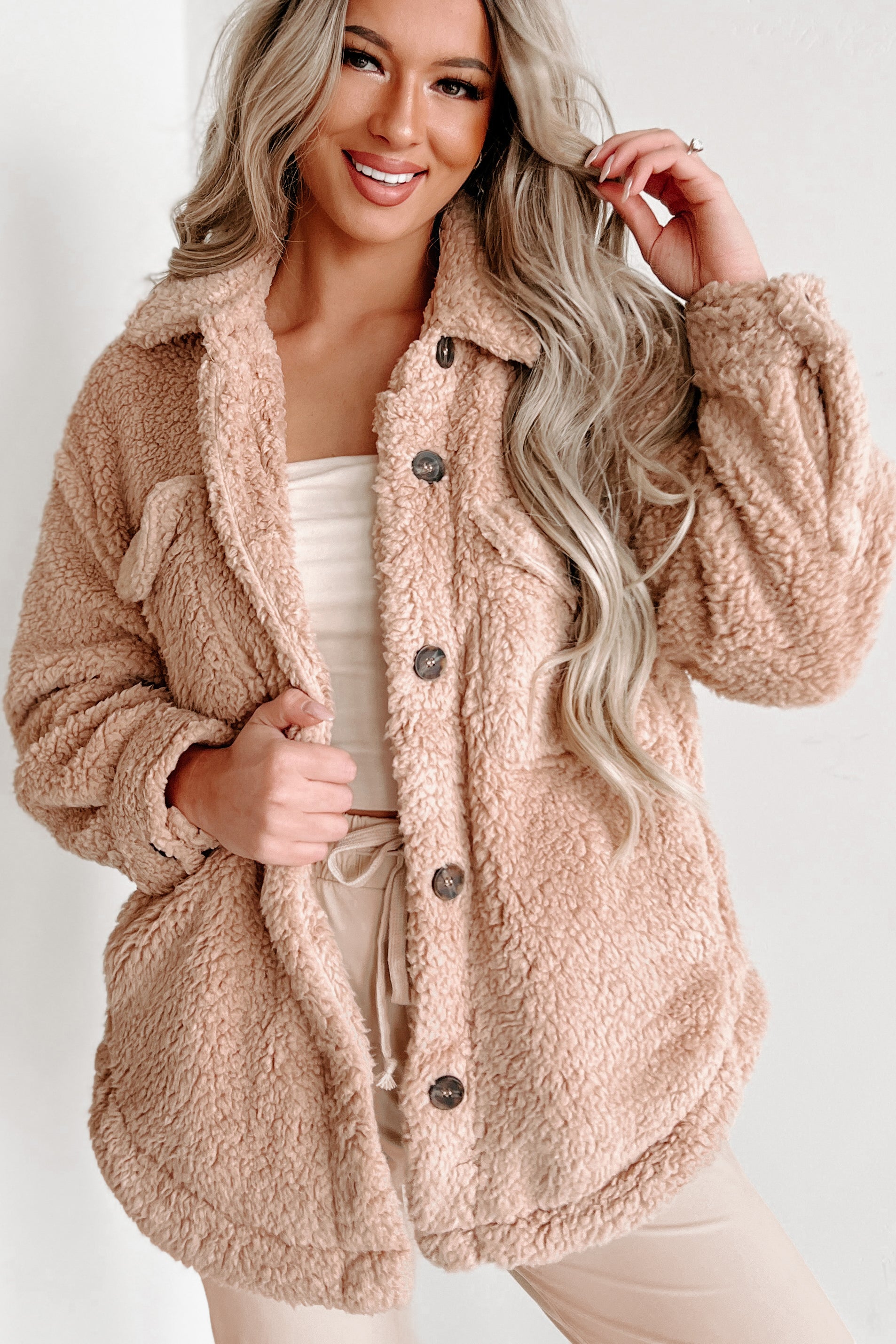 Doorbuster- Keep Me Cozy Soft Sherpa Shacket (Camel)-The Formal Wear