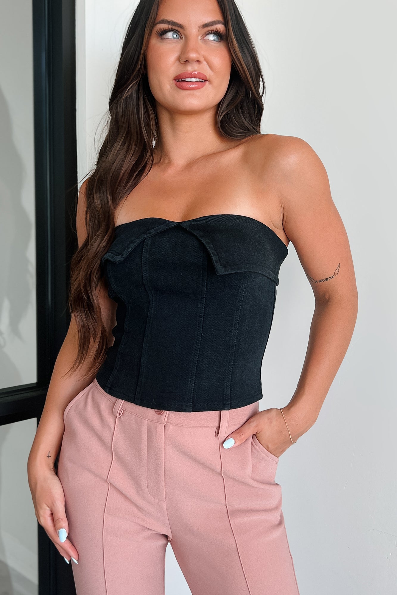 We're Not Meant To Be Strapless Denim Top (Black)-The Formal Wear