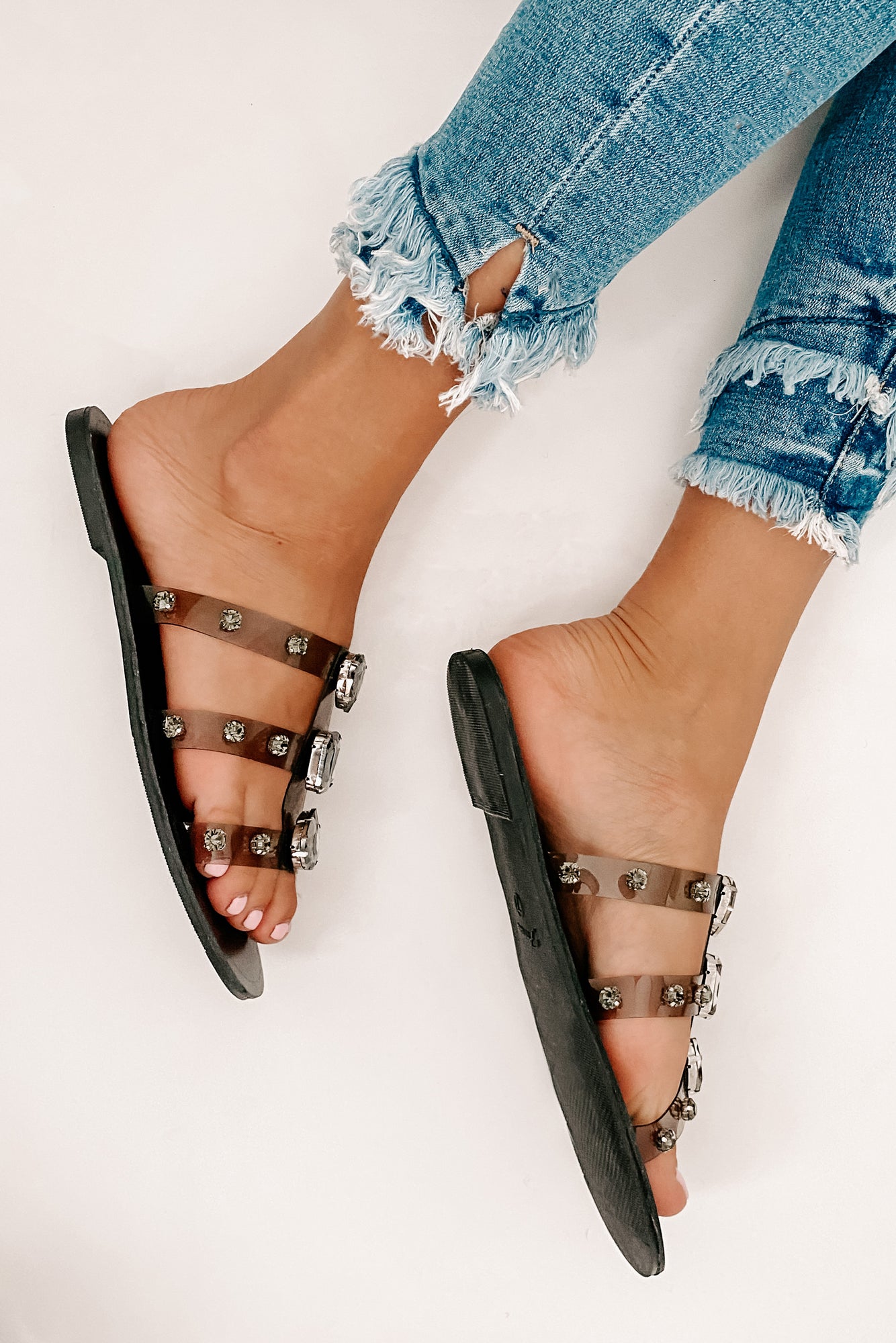 Doreen Clear Rhinestone Strap Sandals (Black)-The Formal Wear