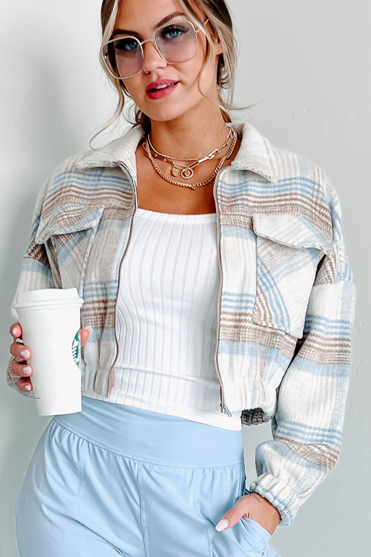 Too Plaid & Glad Cropped Plaid Zip Up Jacket (Taupe/Blue)-The Formal Wear
