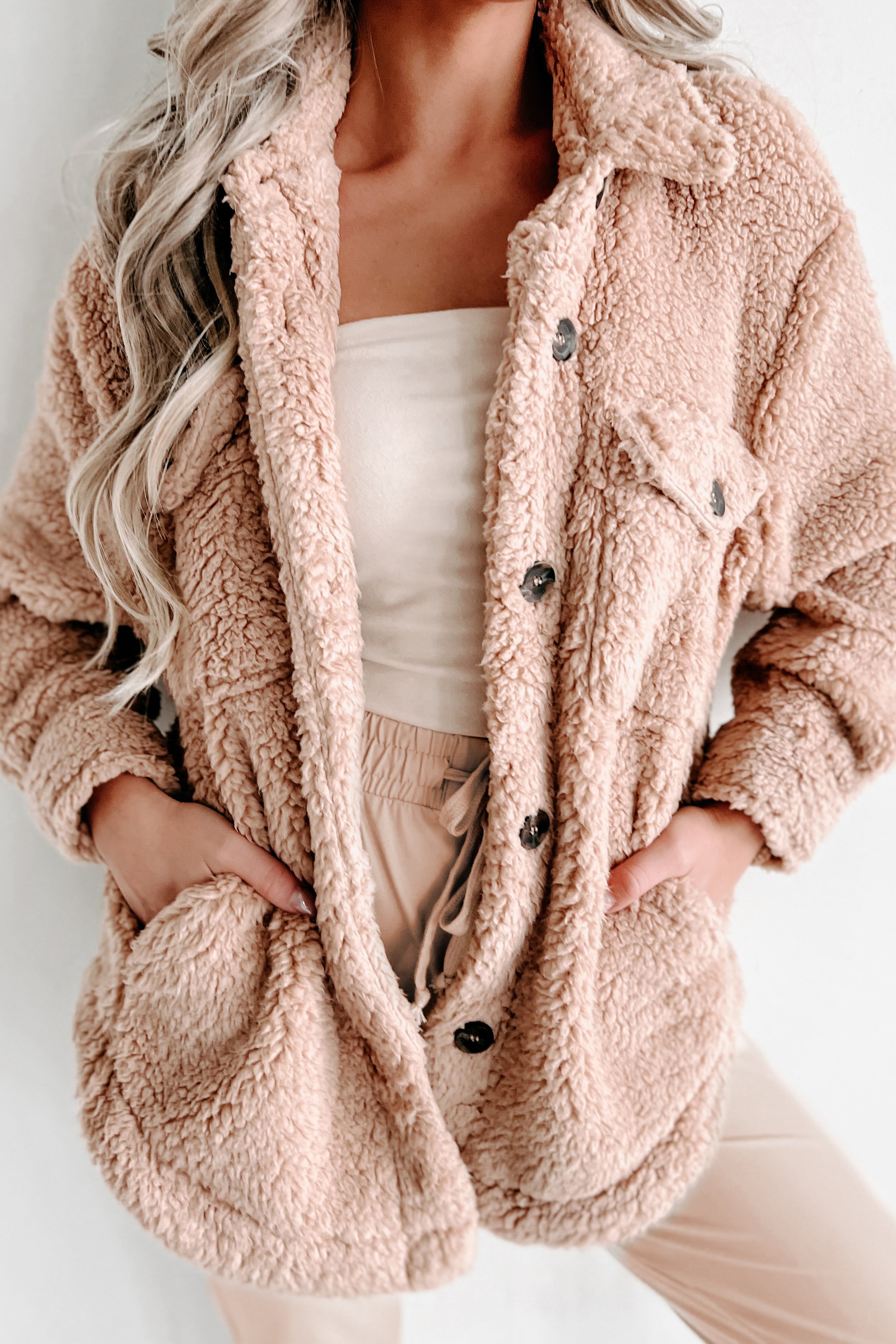 Doorbuster- Keep Me Cozy Soft Sherpa Shacket (Camel)-The Formal Wear