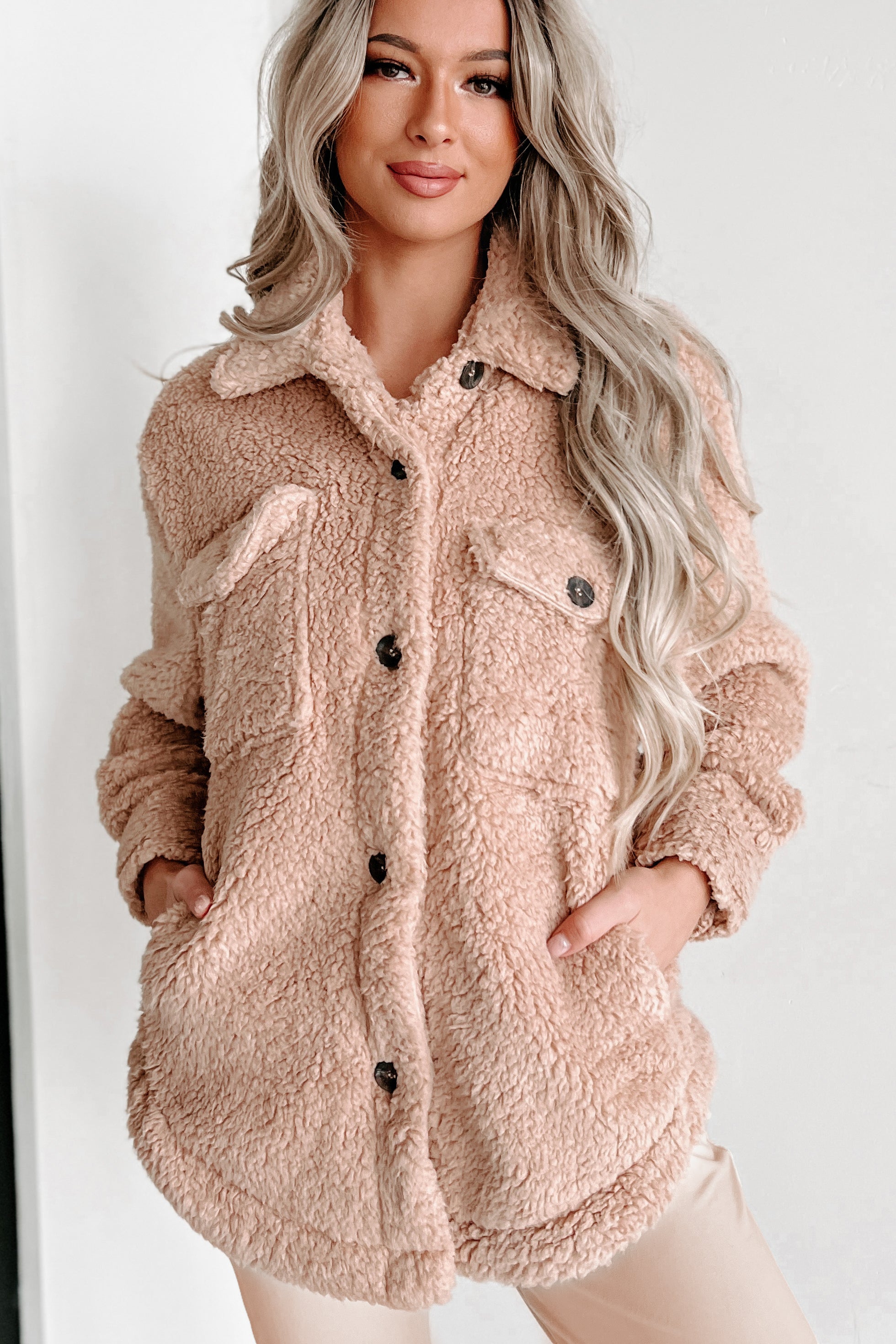 Doorbuster- Keep Me Cozy Soft Sherpa Shacket (Camel)-The Formal Wear