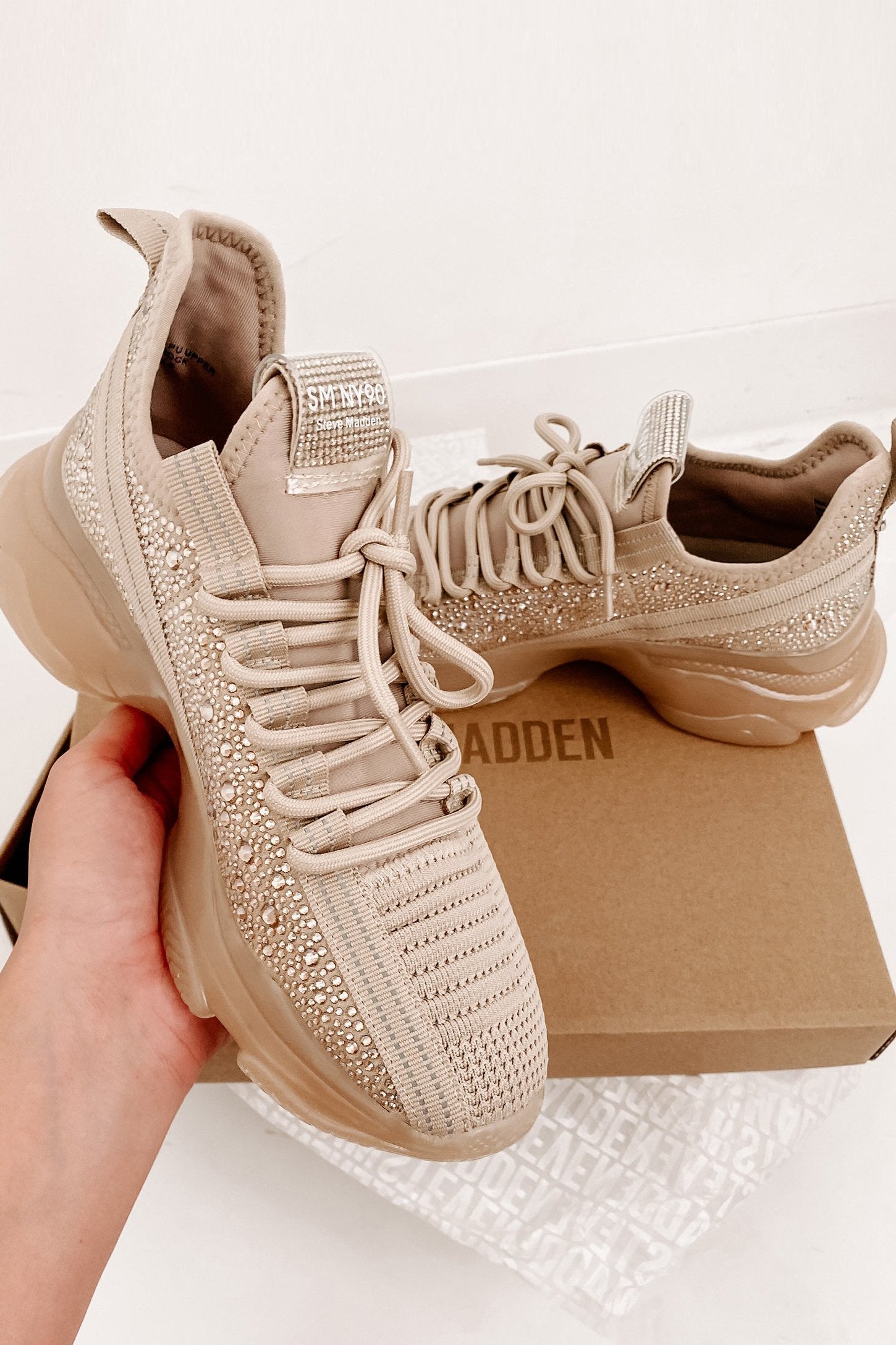 IMPERFECT Raise The Bar Steve Madden Chunky Rhinestone Chunky Sneakers (Blush Multi)-The Formal Wear