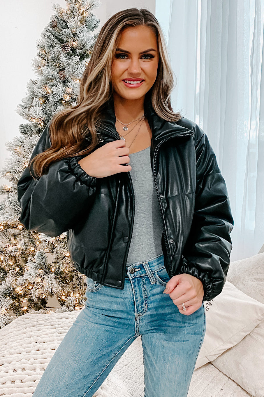 On The Edge Faux Leather Puffer Coat (Black)-The Formal Wear