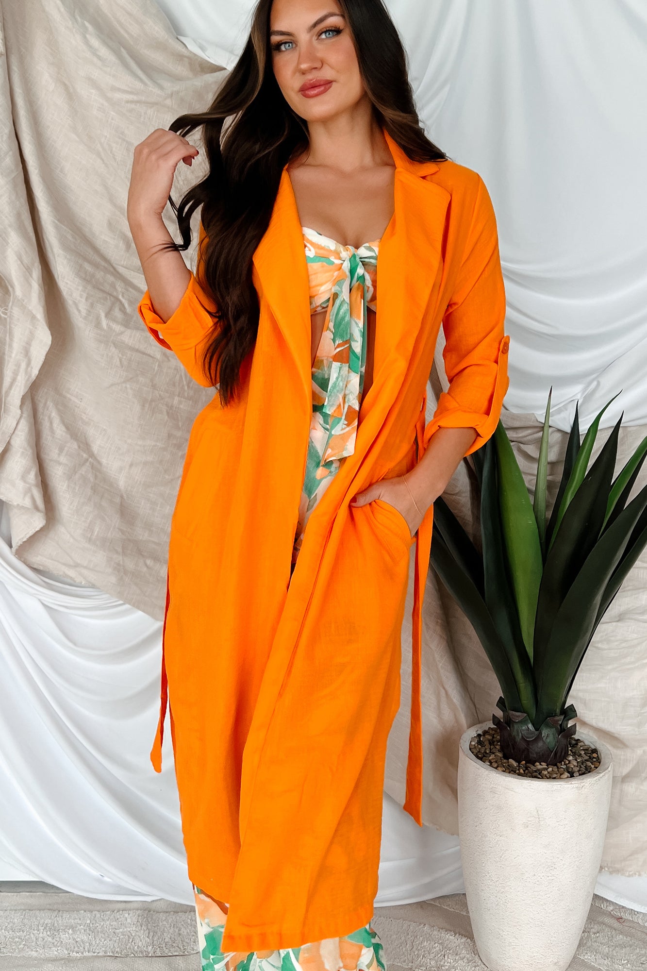 Live Colorfully Tie-Waist Linen Trench Coat (Orange)-The Formal Wear