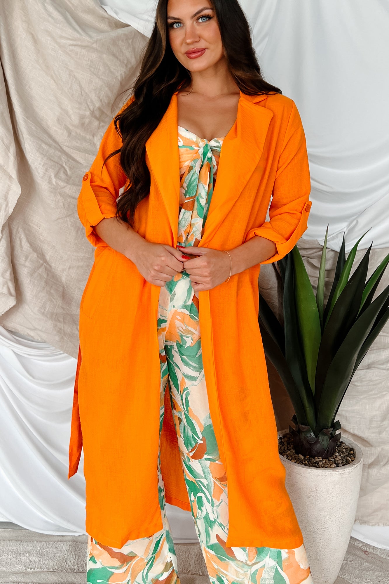 Live Colorfully Tie-Waist Linen Trench Coat (Orange)-The Formal Wear