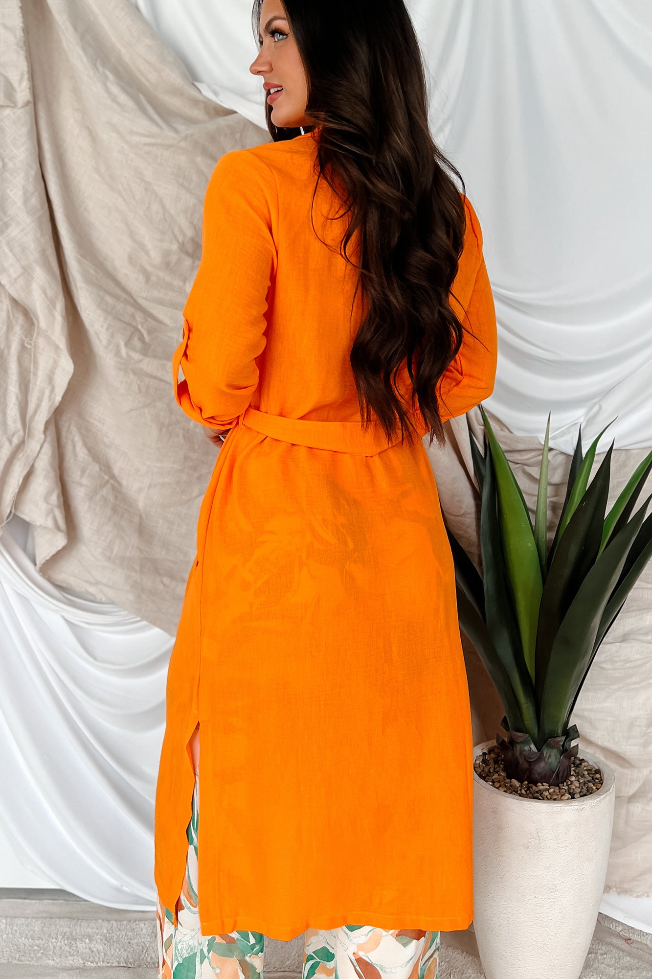 Live Colorfully Tie-Waist Linen Trench Coat (Orange)-The Formal Wear