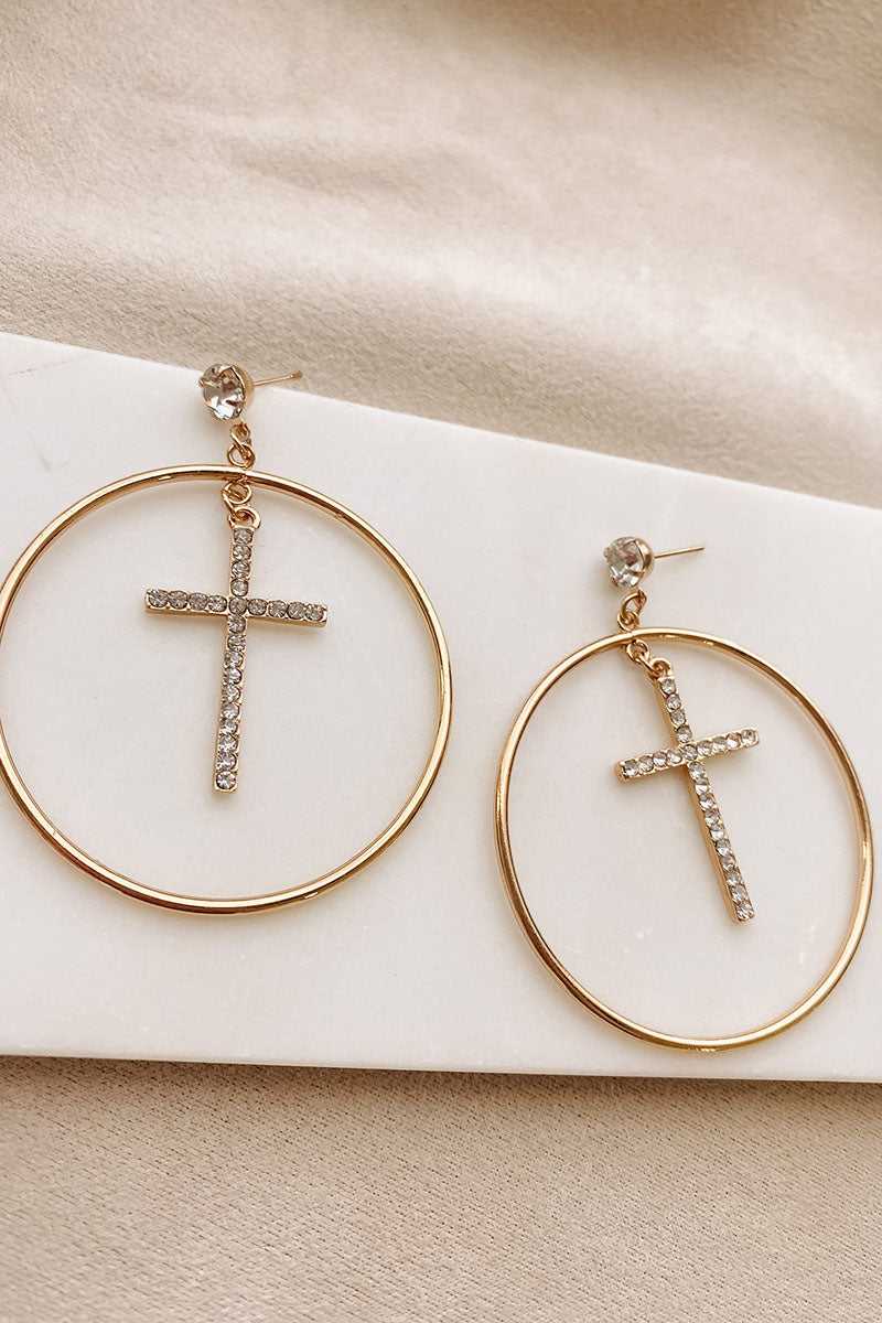 Crossing My Heart Rhinestone Hoop Earring (Gold)-The Formal Wear