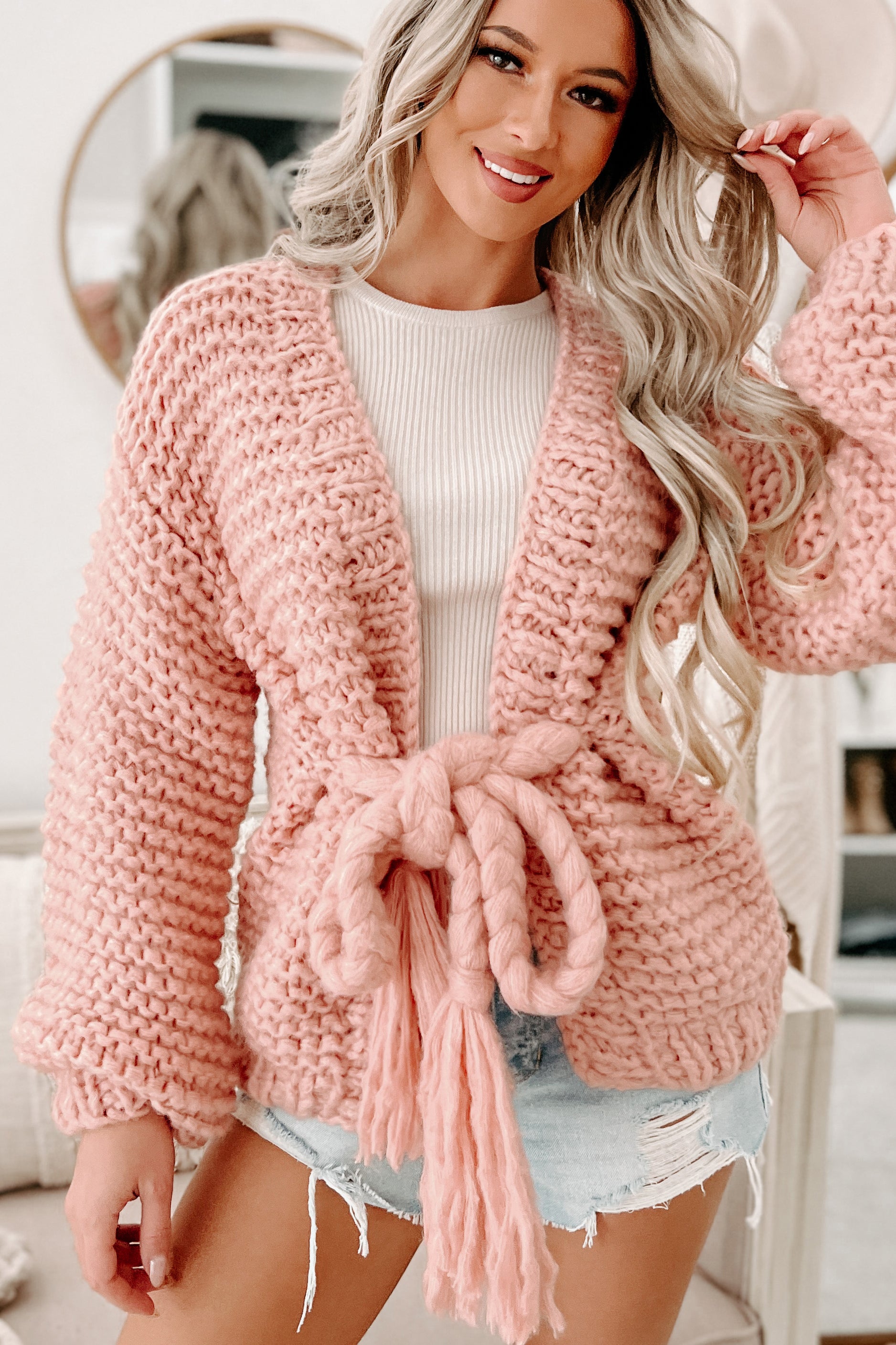 Doorbuster- Cocoa & Cozies Braided Tie Chunky Knit Cardigan (Pink)-The Formal Wear
