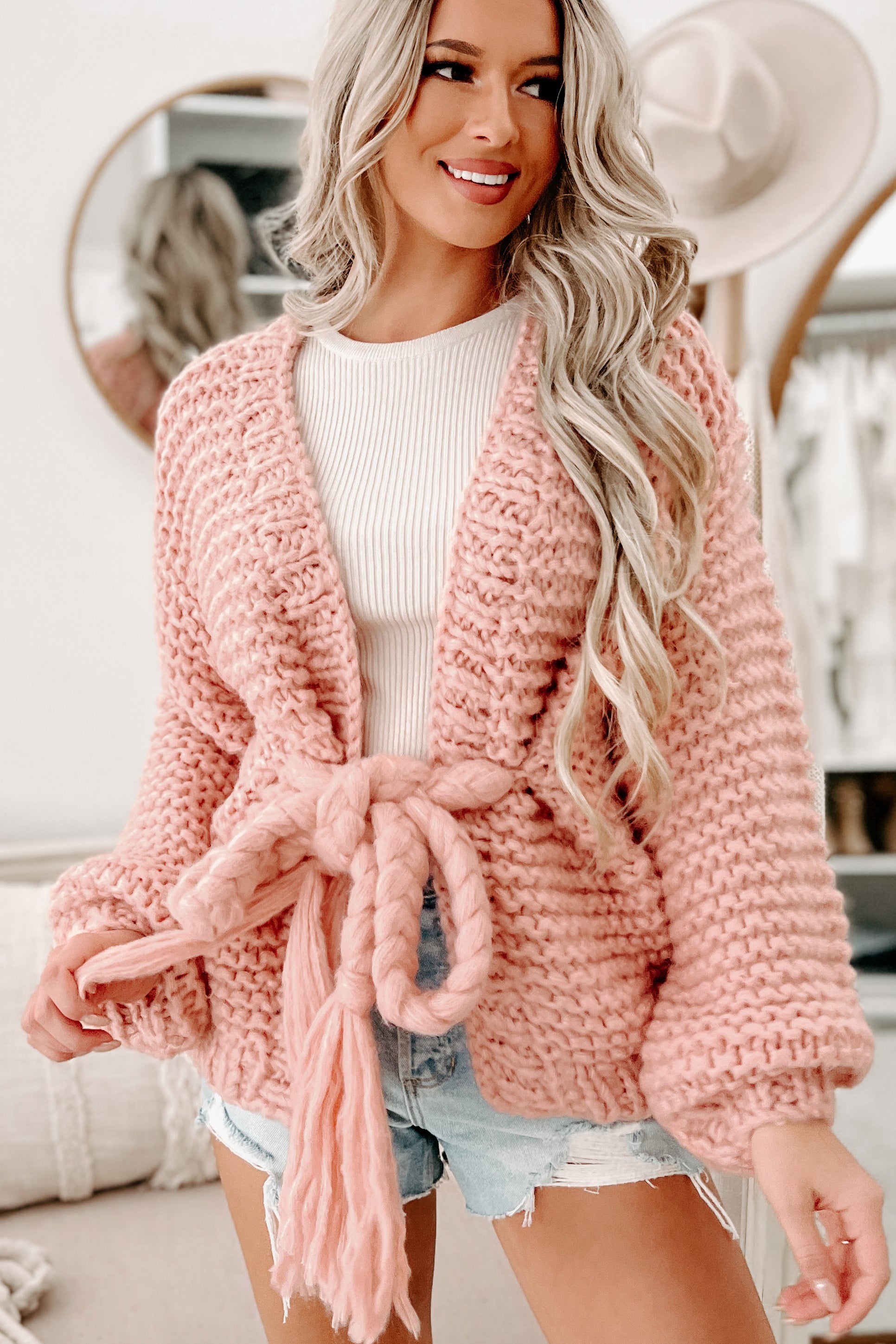 Doorbuster- Cocoa & Cozies Braided Tie Chunky Knit Cardigan (Pink)-The Formal Wear