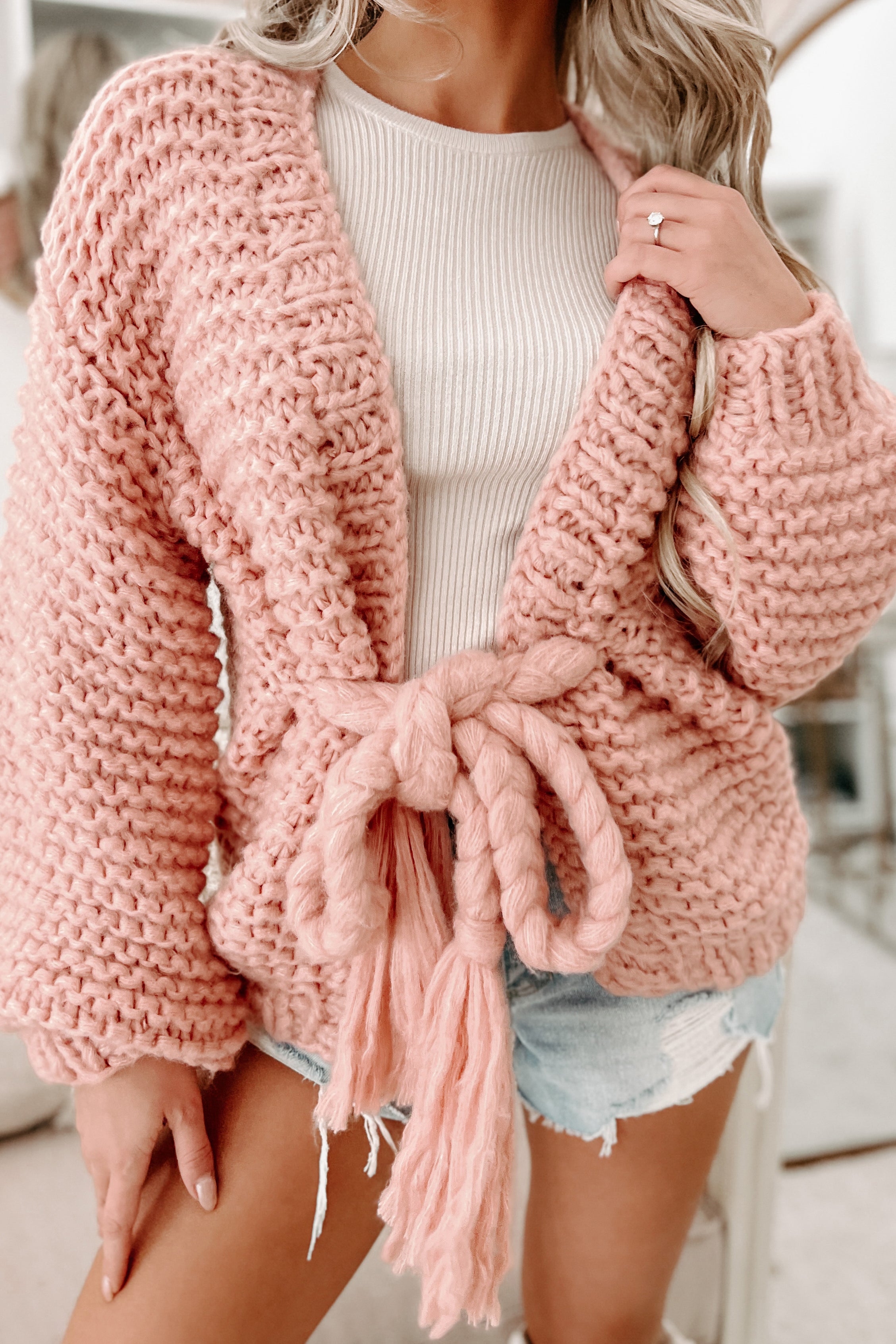Doorbuster- Cocoa & Cozies Braided Tie Chunky Knit Cardigan (Pink)-The Formal Wear