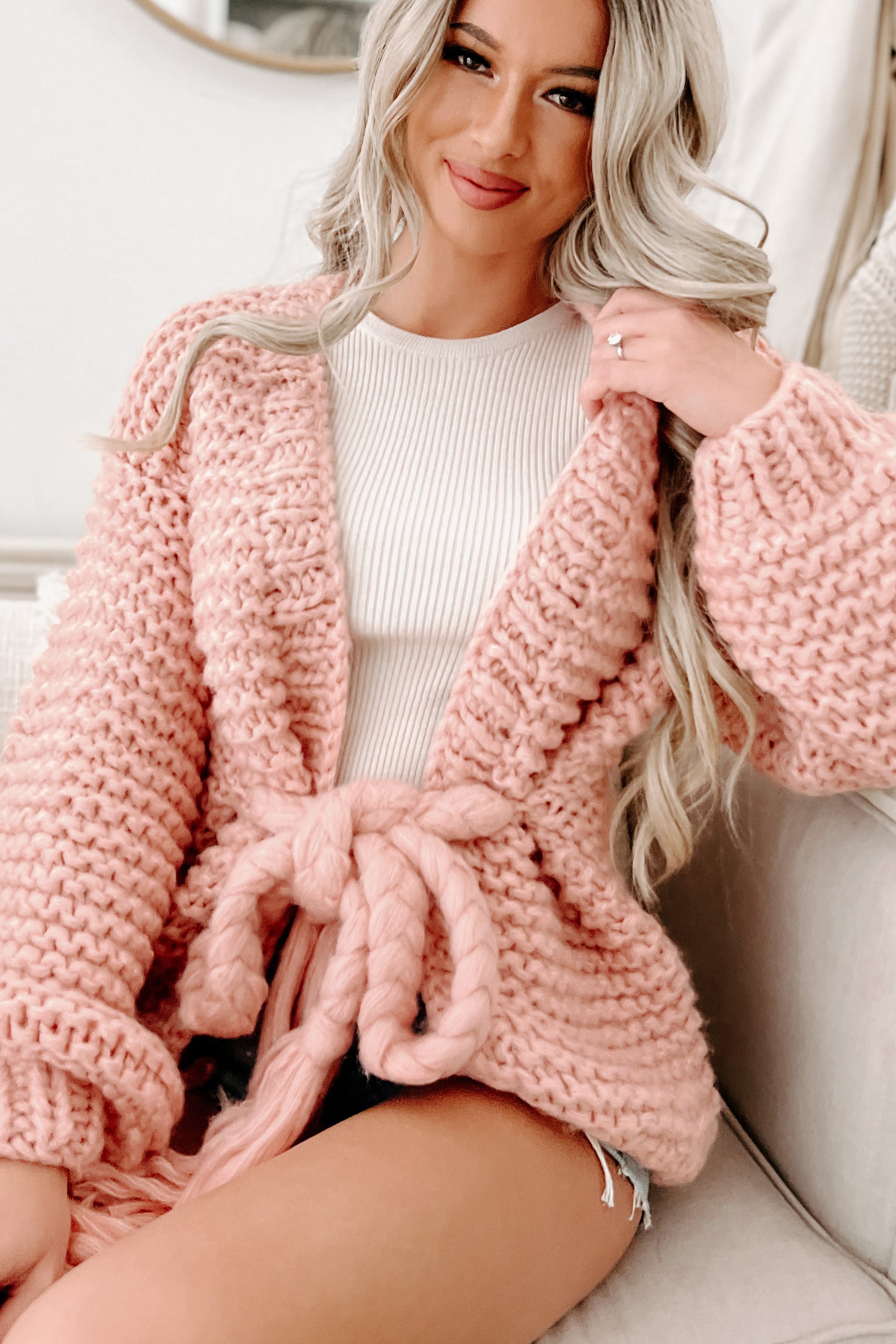 Doorbuster- Cocoa & Cozies Braided Tie Chunky Knit Cardigan (Pink)-The Formal Wear