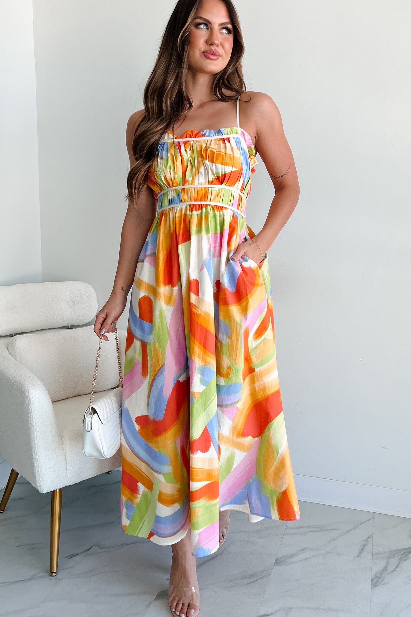 Passionate Response Printed Maxi Dress (White/Blue/Yellow)-The Formal Wear