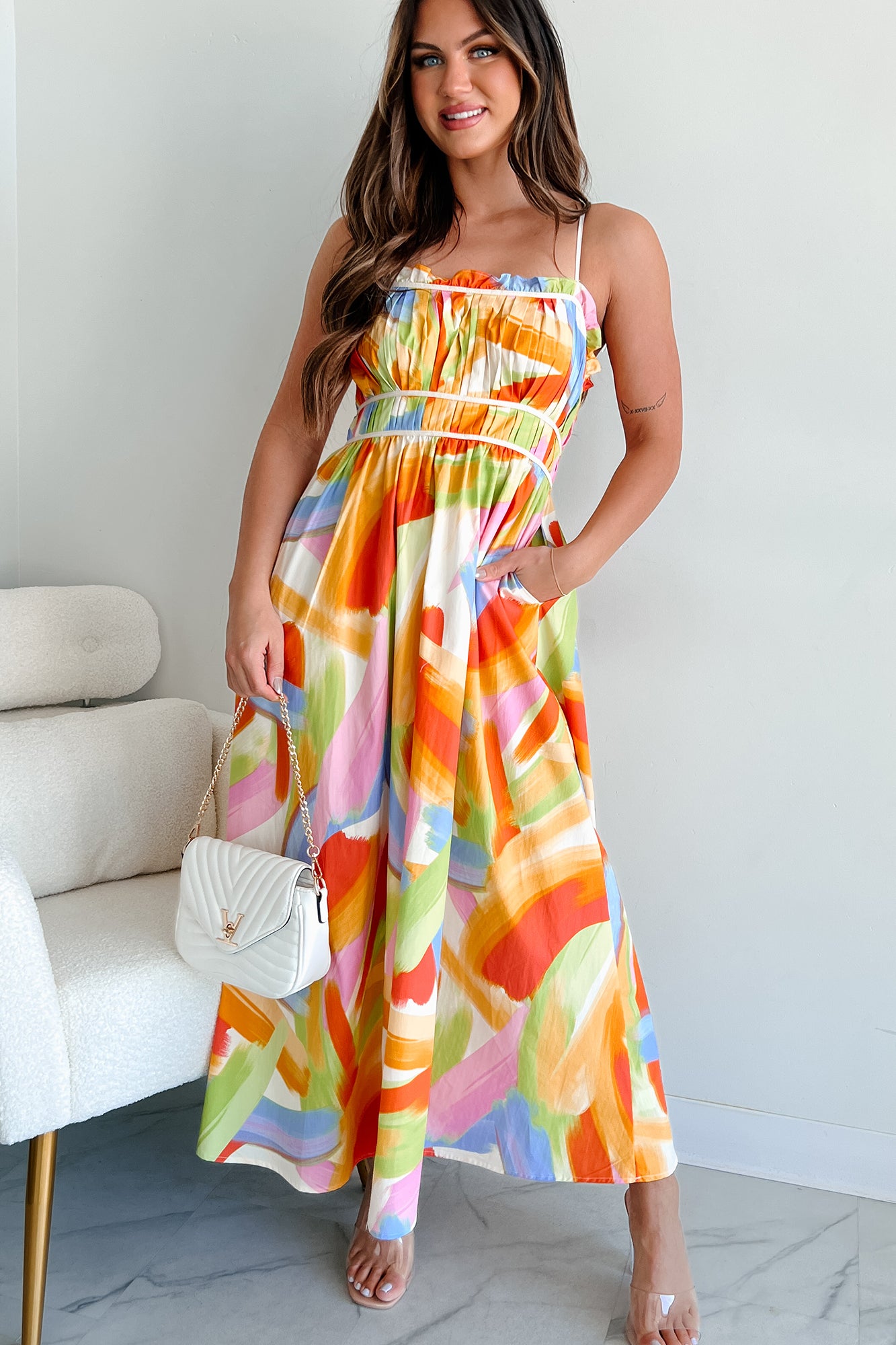 Passionate Response Printed Maxi Dress (White/Blue/Yellow)-The Formal Wear